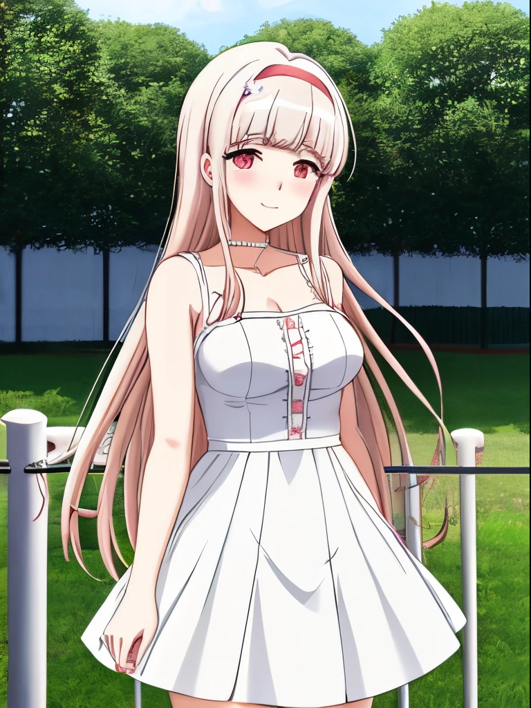 Anime girl in a white dress posing in front of a fence with trees, gapmoe yandere, seductive anime girl, akane owari danganronpa, gapmoe yandere grimdark, nico wearing a white dress, anime moe artstyle, albedo from overlord,