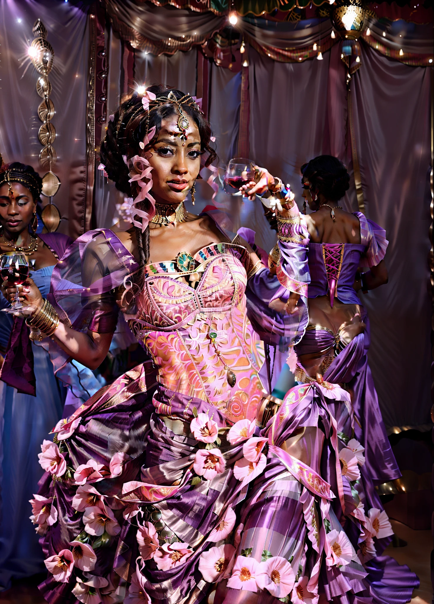 there is a woman in a colorful dress dancing with a glass of wine, traje somali, usando um vestido africano, she is dressed as a belly dancer, usando um vestido feito de contas, other women dancing behind, em um vestido elaborado extravagante, an ahoge stands up on her head, em um vestido extravagante, vestindo chiton floral rosa, as though she is dancing
