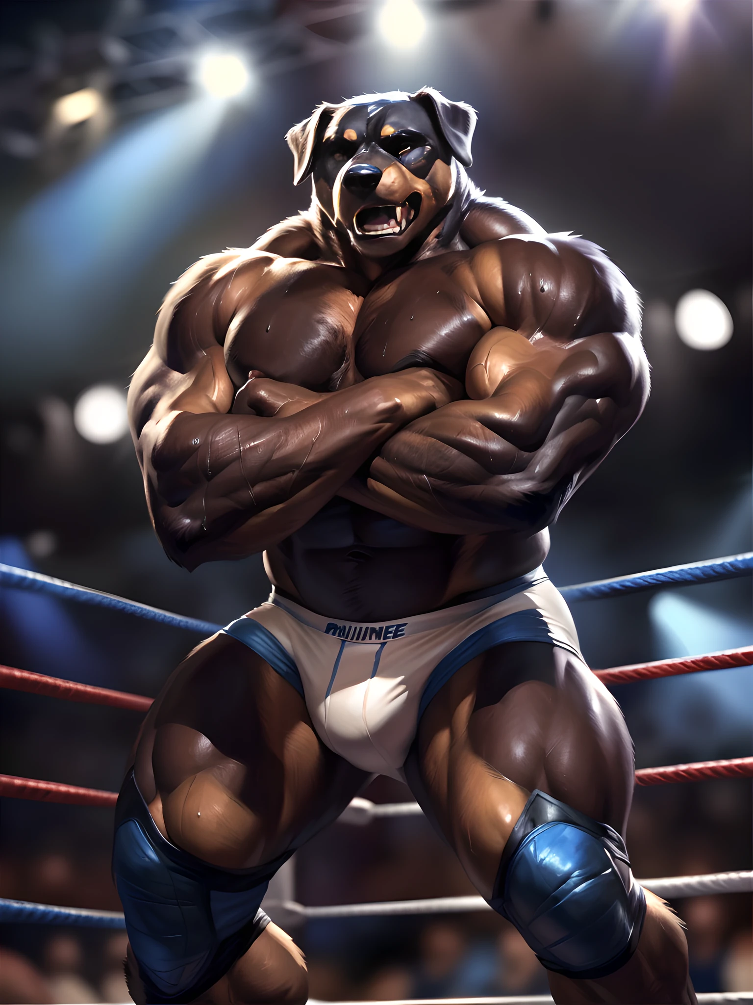 (ultra quality):1.4, 4k resolution, color, smooth comics style:1.2, (by taran fiddler, by meesh, by chunie), solo, rottweiler:1.1, wrestling scene, (very muscular, very heavyweight, muscular arms, muscular legs, strong pectorals:1.4), correct anatomy, wrestling, sweat:1.5, sweat dripping, strong, masculine, wrestling ring, (blurry background, out-of-focus background:1.4), fighting scene, angry, detailed face, detailed eyes, wrestling briefs, dark brown fur, posing