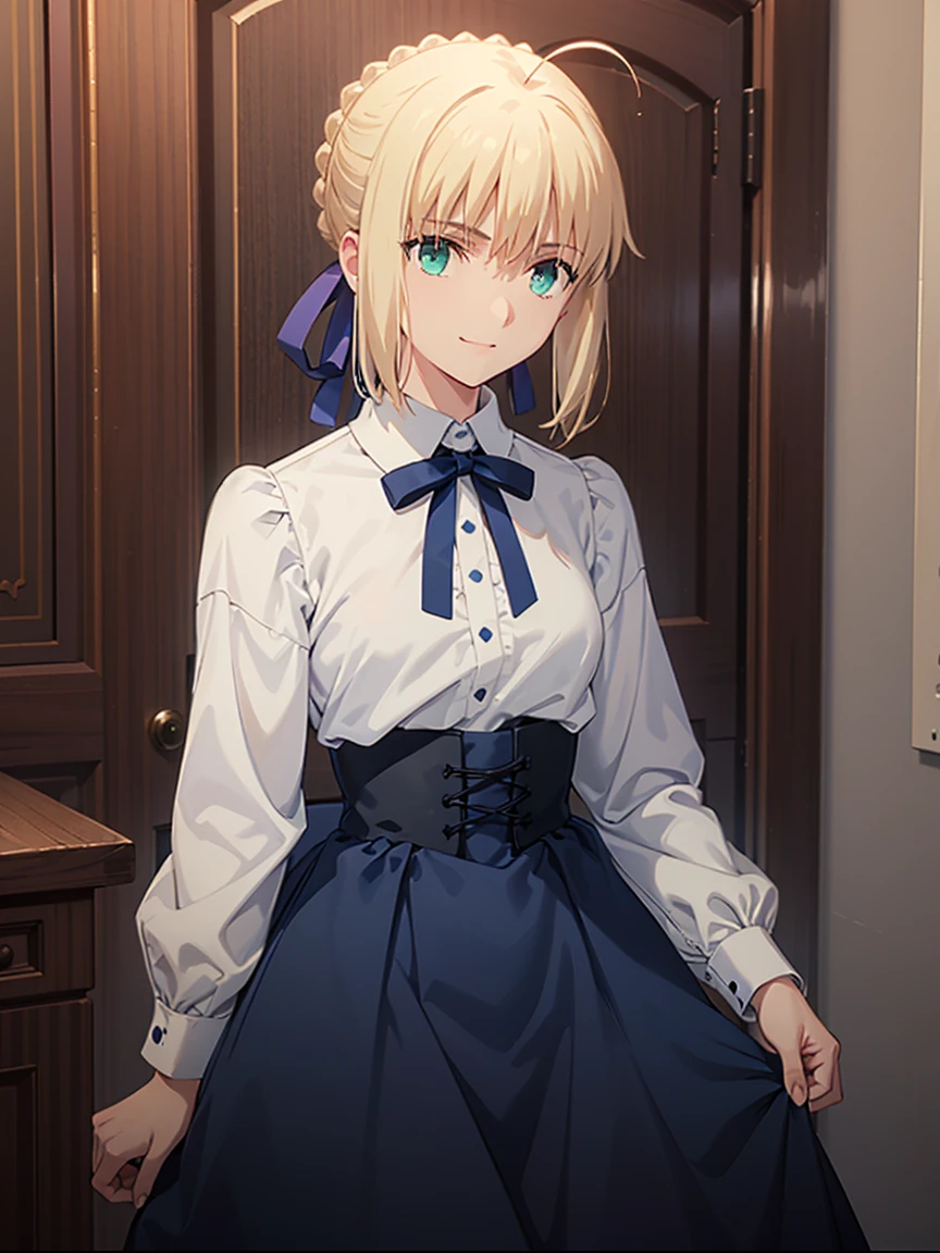 Artoria Pendragon \ (Destiny\, masterpiece, Best quality, High resolution, Ultra detailed, Art book, Anime coloring, CG, illustration, fantasy, 1 girl, solo, male focus, looking at the audience, Artoria Pendragon \ (destiny\), white shirt blue bow, blue short skirt, detailed beautiful face and eyes , mild sunlight with strong color contrast , warm environment, capable slender figure, dexterous dynamics, dim light around the girl gathered on the maiden, green eyes