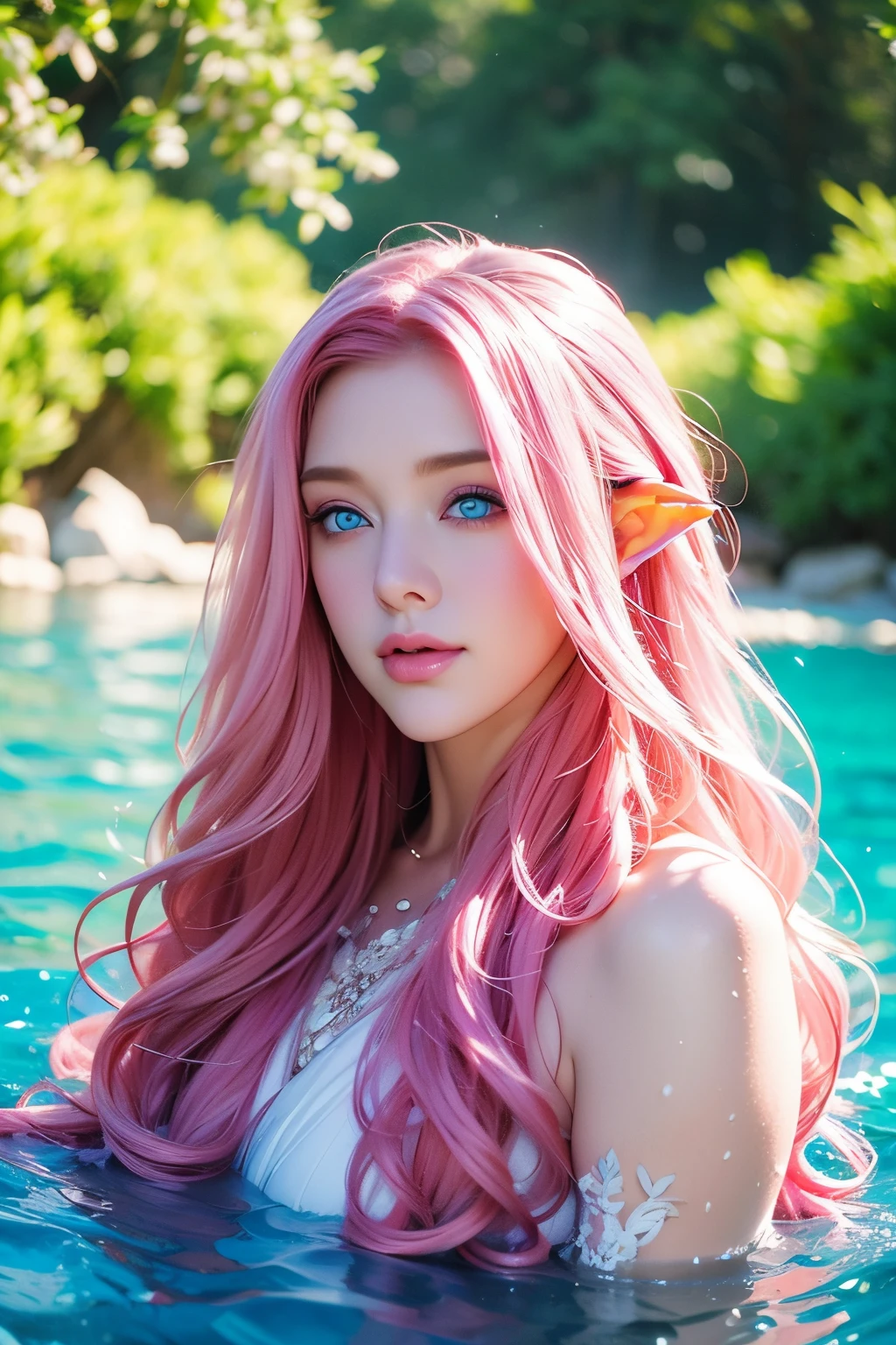 "o Woman, long curly hair, pink hair, blue eyes, elf, bathing in the lake, in the water, lake, water fountain, flowers around, highlighted eyes, blue eyes,