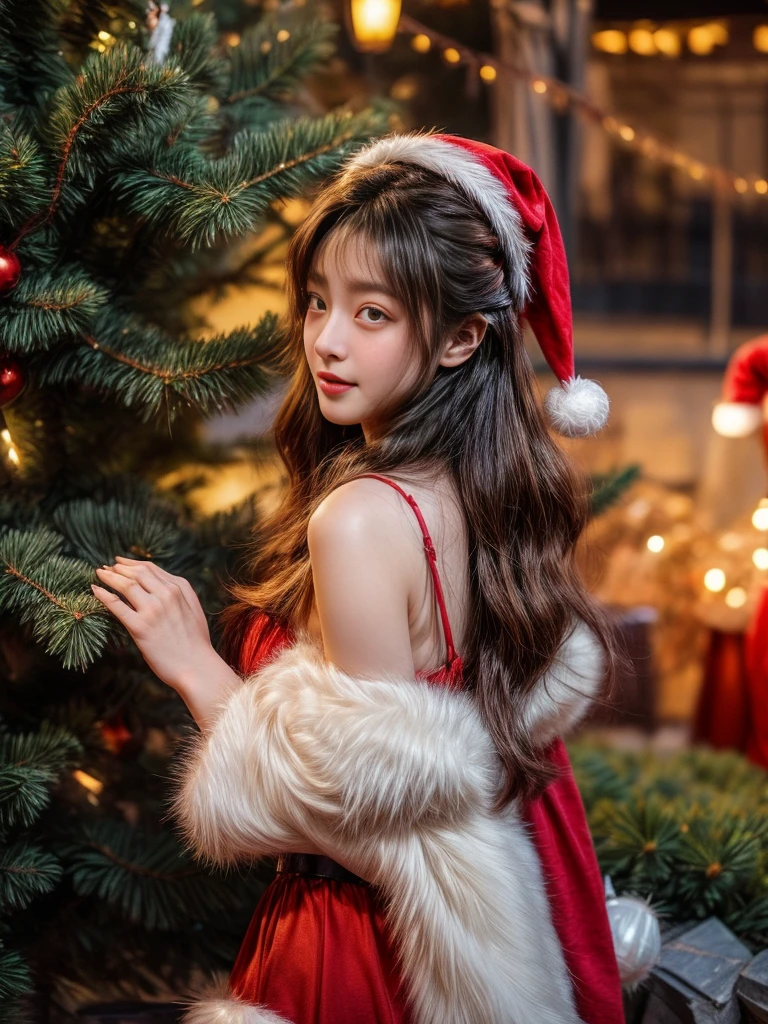 masterpiece、8K、32K、top-quality、(A detailed eye)、(A cute Japanese woman、bangss)、23years old、1 girl in、elegent、(Detailed background depiction、portlate:1.2)、(Christmas tree:1.2)、natta、(Santa Claus Costume:1.2)、(illuminations:1.3)、cowboy shot、ssmile、(hold your hand)