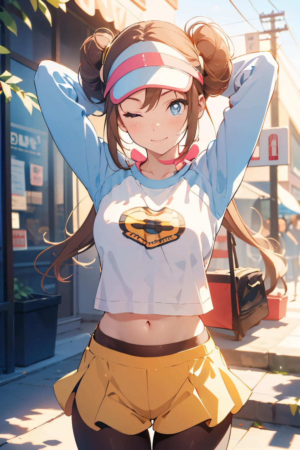 ro1, hair bun, smile, one eye closed:1.8, arms behind head:1.4, navel, long hair:1.4, visor cap, pantyhose, raglan sleeves, yellow shorts, shirt, pink bow, blue eyes, twintails, cowboy shot, 1girl, solo, (masterpiece:1.6, best quality), 8k, insane details, intricate details, hyperdetailed, hyper quality, high detail, ultra detailed, professional, HDR, ray tracing reflection, cinematic lighting,