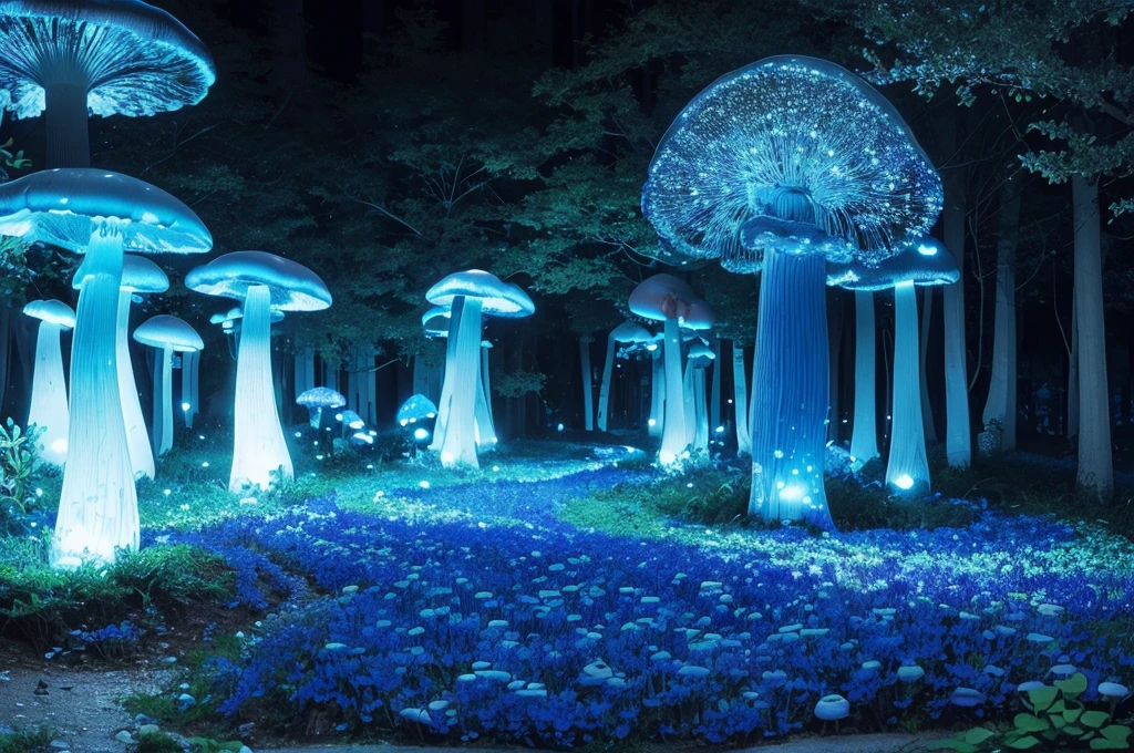 (Best quality,A high resolution),((Transparent blue glowing mushroom)),3 Rendering,Crystal clear details,Vibrant colors,gentlesoftlighting,like a dream,Fairytale,Whimsical,magical,mistic,Ethereal,Otherworldly,wonderland,glowing spores,an enchanted forest,enchantedgarden,nighttime scene,Fantastical Atmosphere,natural,a plant,Bio-luminescence,Soft glow,luminance,Cogumelos,semi transparent,illuminated,Exquisite,like a dream,illusion,illuminated,Ethereal tendrils,floating,crooked stem,Soft edges,glow gently,Sparkling particles of light,mistic,mysterious glow,like a dream,tranquil ambiance,Lush vegetation,light wind,clam down,clam down,Magical atmosphere,blueglow,Phosphorescent,stillness,Luminescent fungi,Majestic,Colorful,blue tint