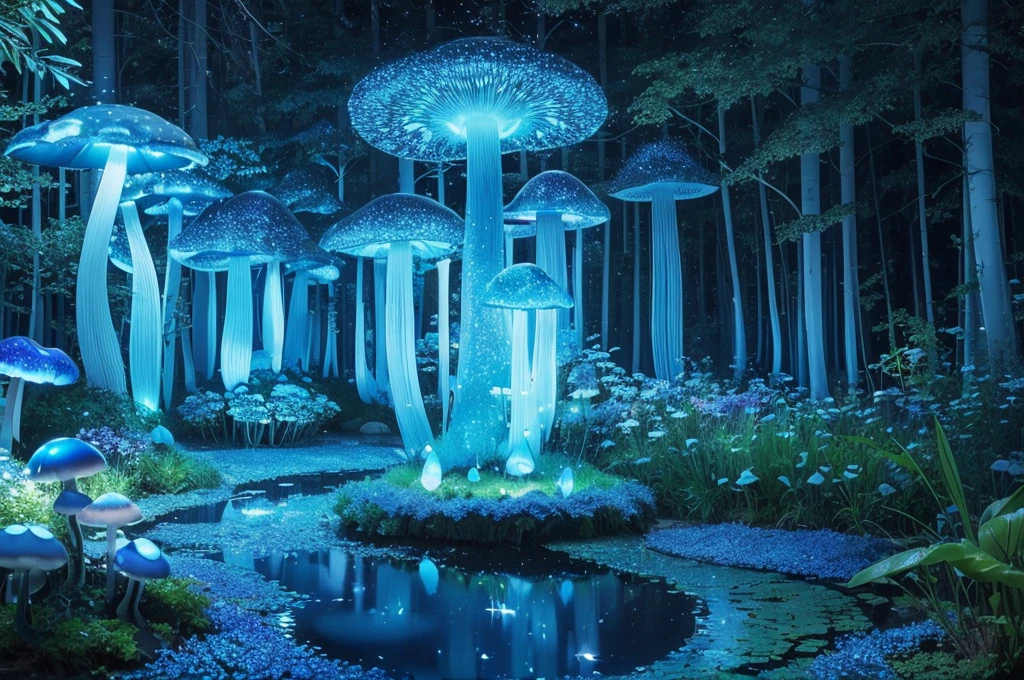 (Best quality,A high resolution),((Transparent blue glowing mushroom)),3 Rendering,Crystal clear details,Vibrant colors,gentlesoftlighting,like a dream,Fairytale,Whimsical,magical,mistic,Ethereal,Otherworldly,wonderland,glowing spores,an enchanted forest,enchantedgarden,nighttime scene,Fantastical Atmosphere,natural,a plant,Bio-luminescence,Soft glow,luminance,Cogumelos,semi transparent,illuminated,Exquisite,like a dream,illusion,illuminated,Ethereal tendrils,floating,crooked stem,Soft edges,glow gently,Sparkling particles of light,mistic,mysterious glow,like a dream,tranquil ambiance,Lush vegetation,light wind,clam down,clam down,Magical atmosphere,blueglow,Phosphorescent,stillness,Luminescent fungi,Majestic,Colorful,blue tint