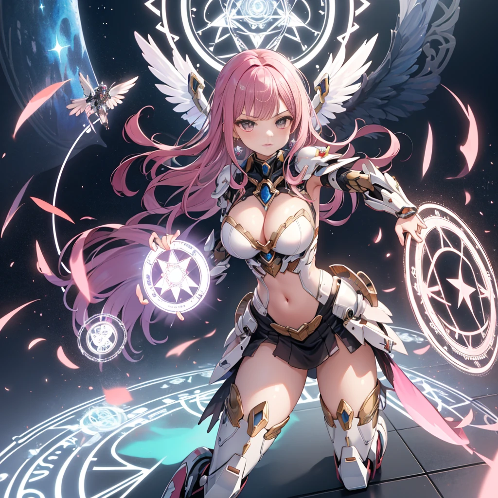 ((masterpiece:1.2)), ((highest quality)), detailed metal texture, perfect anatomy,1girl in magical mecha armor flying over the cyber city, (Solo:1.5), pink hair, (Mecha girl), (large wings), ((mecha:1.4)), (magical power:1.5),white outfit, Marshal's exclusive sapphire blue armor dress,((shiny armor, High-gloss armor)), many parts, cleavage, navel, thighs, menacing,(magic circle:1.3), (Combat pose), (action pose:1.3), universe, nebula, aurora, vivid color, hight contrast