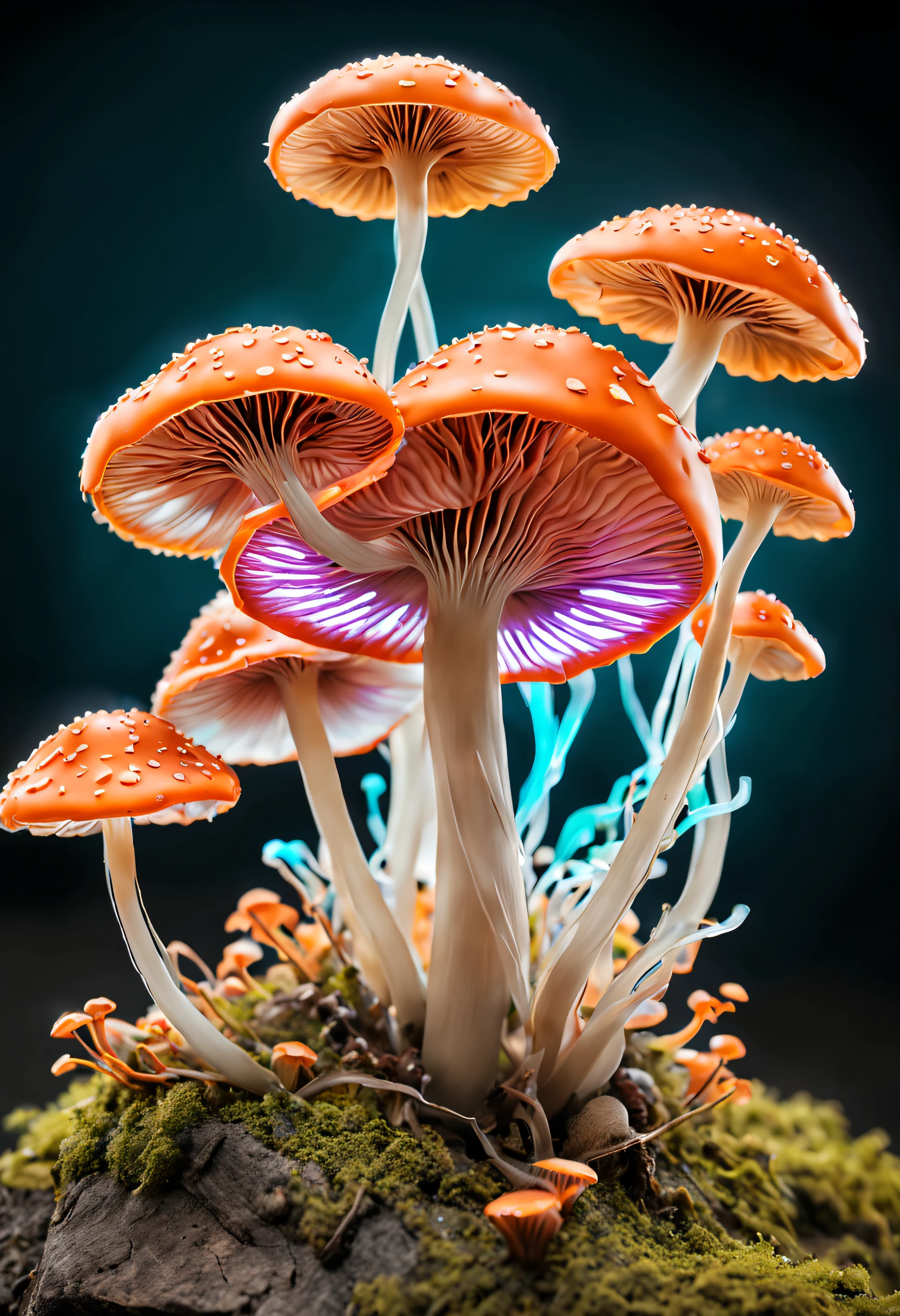 (best quality,ultra-detailed),professional,close-up,bioluminescent mushroom,sharp focus,vivid colors,studio lighting
