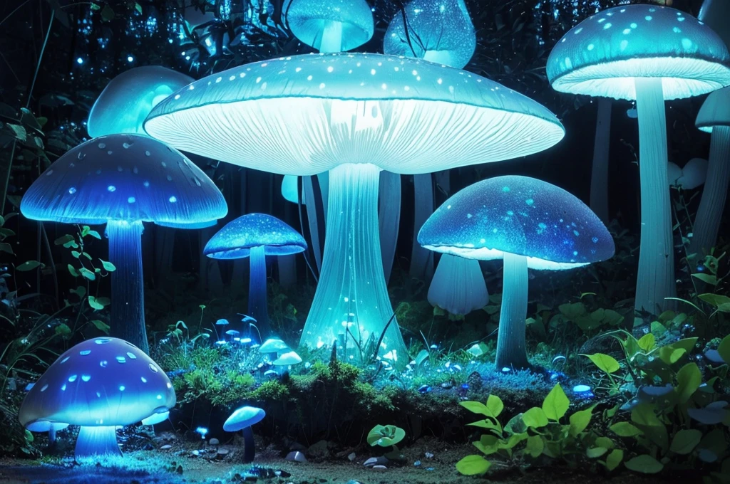 (Best quality at best,A high resolution),((Transparent blue glowing mushroom)),3 Rendering,Crystal clear details,vivd colour,gentlesoftlighting,like a dream,Fairytale,Whimsical,magical,mistic,Ethereal,Otherworldly,wonderland,glowing spores,an enchanted forest,enchantedgarden,nighttime scene,Fantastical Atmosphere,natural,a plant,Bio-luminescence,Soft glow,luminance,Cogumelos,semi transparent,illuminated,Exquisite,like a dream,illusion,illuminated,Ethereal tendrils,floating,crooked stem,Soft edges,glow gently,Sparkling particles of light,mistic,mysterious glow,like a dream,tranquil ambiance,the lush vegetation,light wind,chill out,chill out,magical ambiance,blueglow,Phosphorescent,stillness,Luminescent fungi,A majestic,Colorful,Blue tones