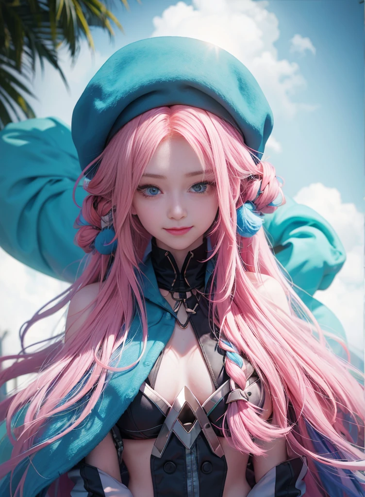 Long colored hair,Nice face,sling bikini,Heterochromatic pupil,ssmile,apathy,比基尼,Full body photo,the soft light,beret