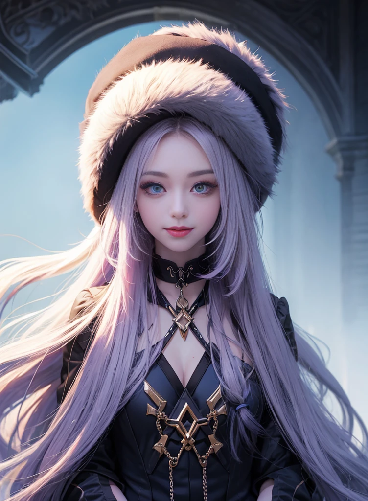 Long colored hair，Nice face，sling bikini，Heterochromatic pupil，ssmile，apathy，比基尼，Full body photo，the soft light，beret