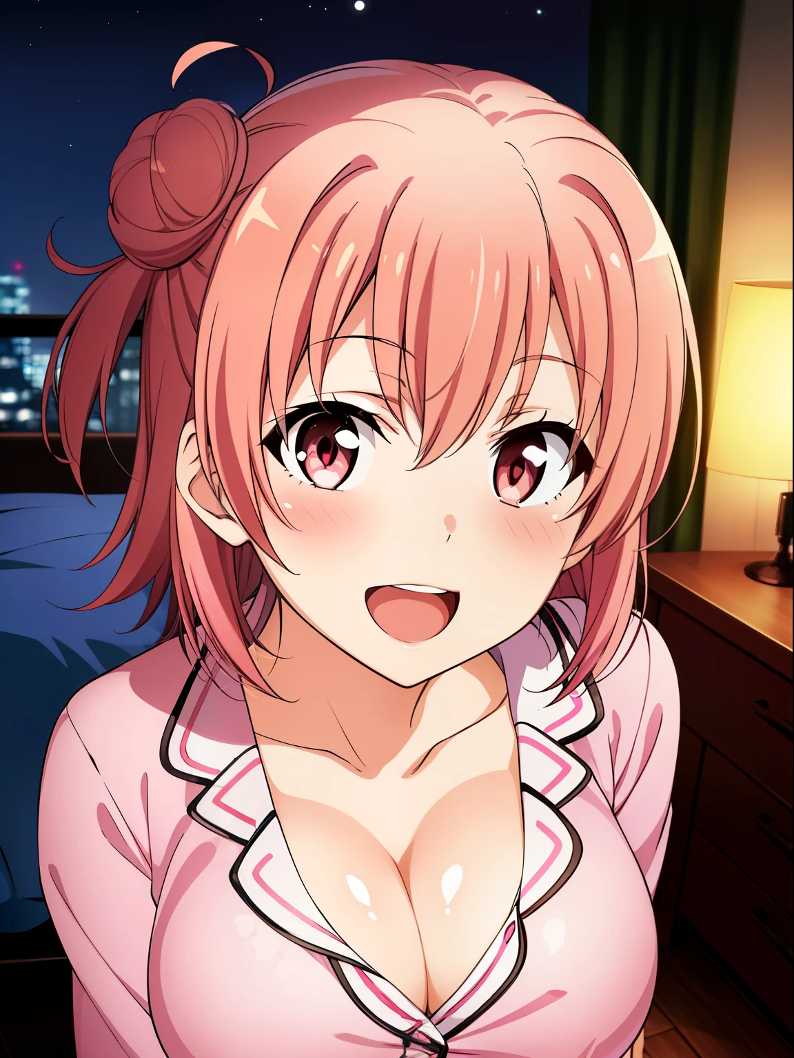 1girl in, Yuigahama Yui, , Short hair, Pink hair, Hair bun, 
(Best Quality, hight resolution, 4K, Detailed Lighting, Shaders), 

Night, Bedroom, nighttime scene, darkness,
Focus, POV, from above, 
(Full face blush, Smile), Open mouth,  
cleavage, large boob,
(Pink ruffled pajamas),