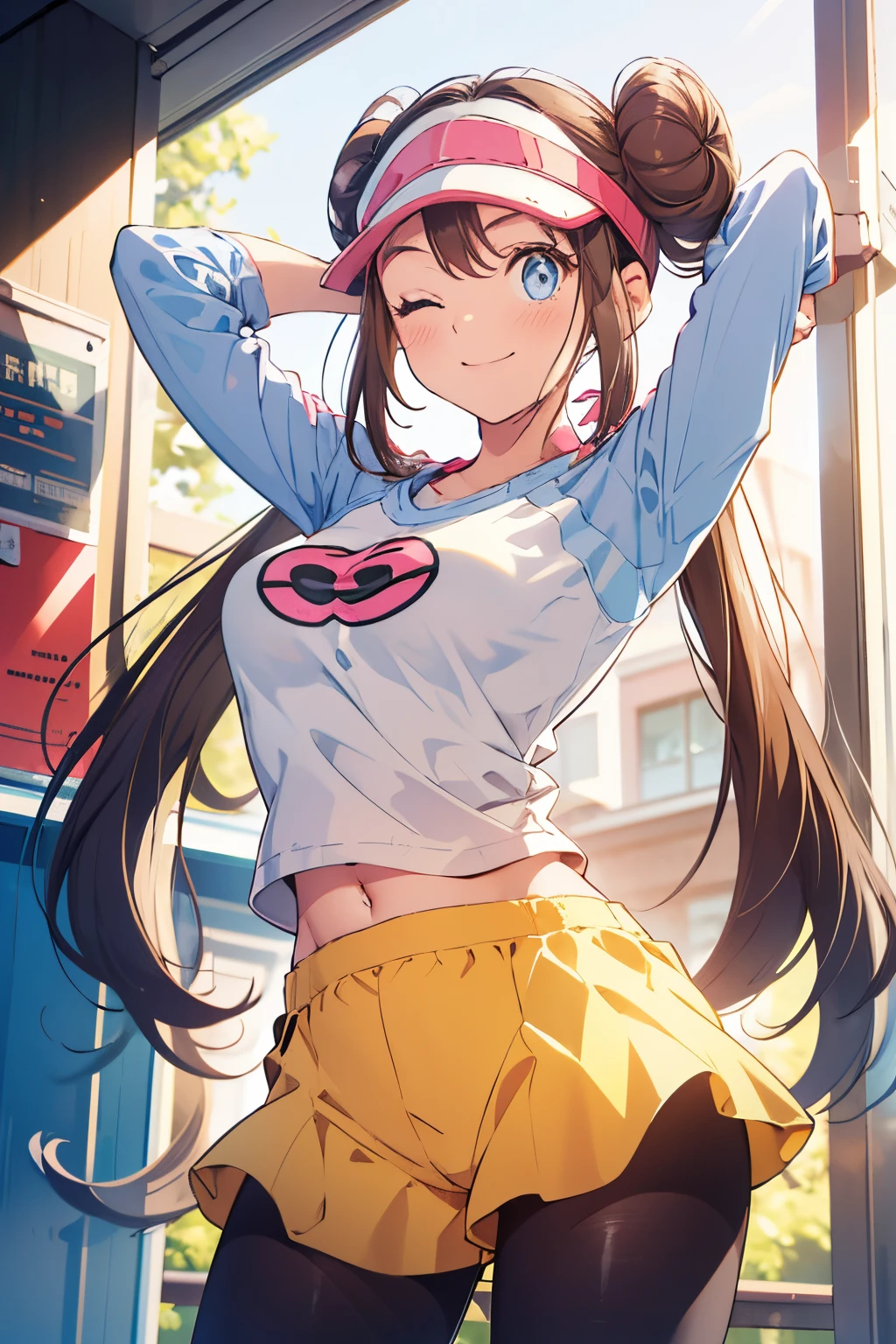 ro1, hair bun, smile, one eye closed:1.8, arms behind head:1.4, navel, long hair:1.4, visor cap, pantyhose, raglan sleeves, yellow shorts, shirt, pink bow, blue eyes, twintails