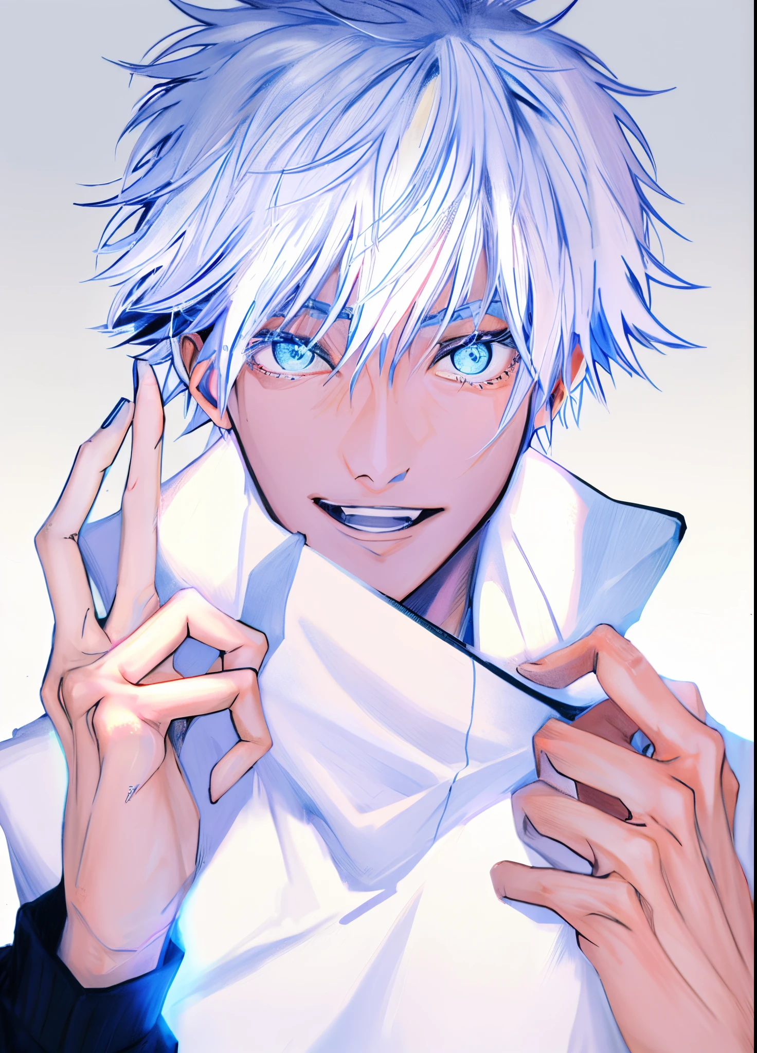 HighestQuali,iwhite colored hair,Blue eyes,Bright eyes,comic page, tanjiro kamado, most strongest pose, coloured manga scan, Handsome guys in Demon Slayer Art, with index finger