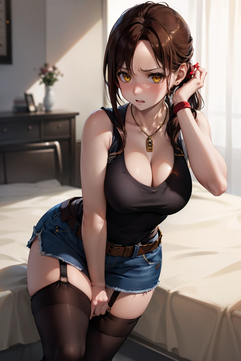 masutepiece, Best Quality, 1girl in, (Claire Redfield), Brown hair, (Yellow eyes:1.2),(Sleeveless knitwear)、((Denim miniskirt))、((Black thigh socks))、((Bedroom))、length hair、poneyTail、((embarassed expression))、((white panty))、(Photo from below)