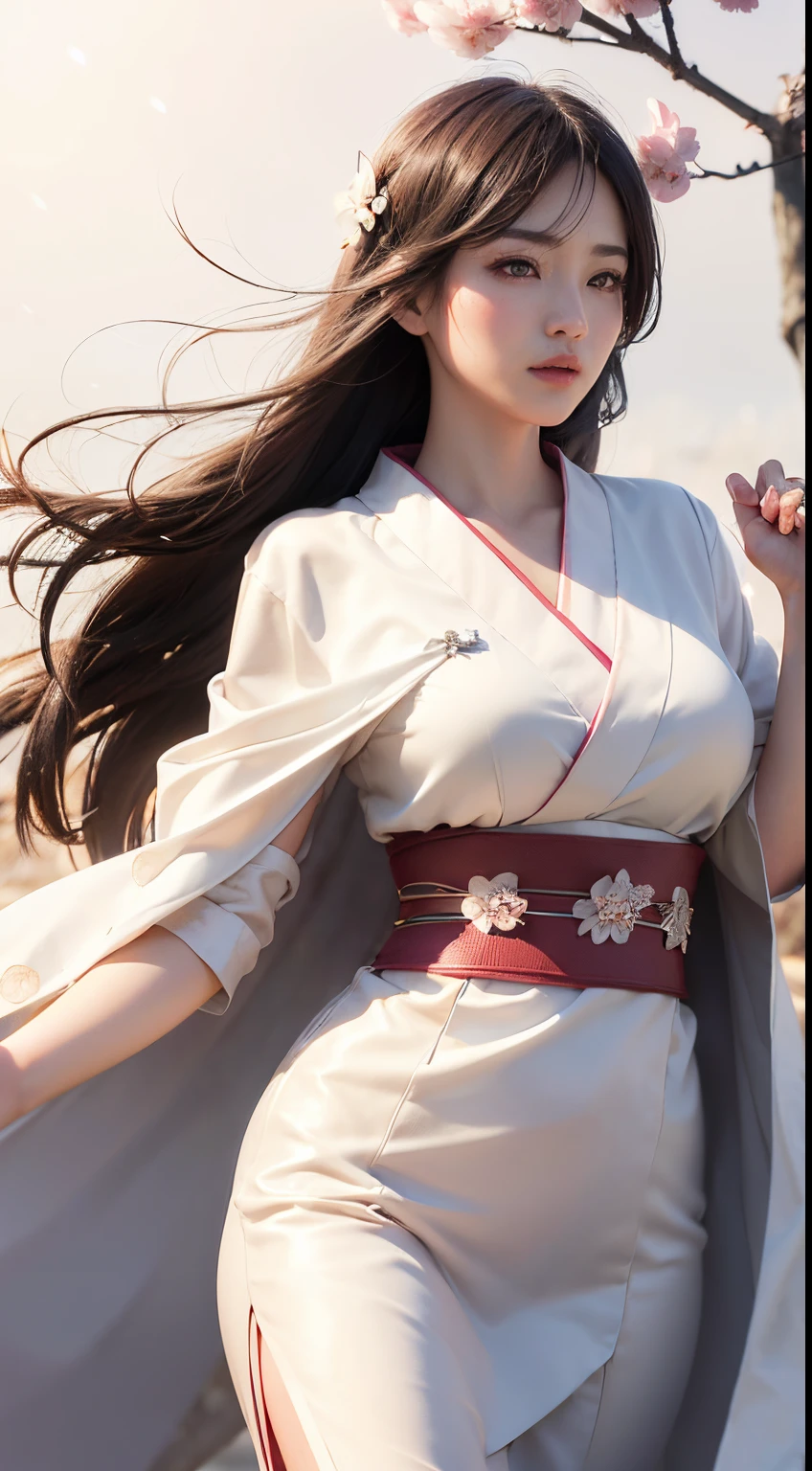 (A logo、masterpiece、8K、masutepiece、Raw photo、Fantastic、Best Quality、Photorealistic、extremely detailed CG unified 8k wallpaper、hightquality、ighly detailed、epic poem、Particle effect、Dynamic effects、depth of fields、Cinematic Light、Lens Flare、Ray tracing)、Fantasia、 (1 beautiful woman in a white coat、robe blanche、Japanese dress、A dark-haired、Beautiful face、Real Face、Beautiful detail eyes、Beautiful skin)、Hair flutters in the wind、Hair jumps、Pink cherry blossom tree、Petals flutter、Sakura blizzard、Superb view、morning glow、Sun in the background、the wind、Deities、tusk、myth、Vast Land、