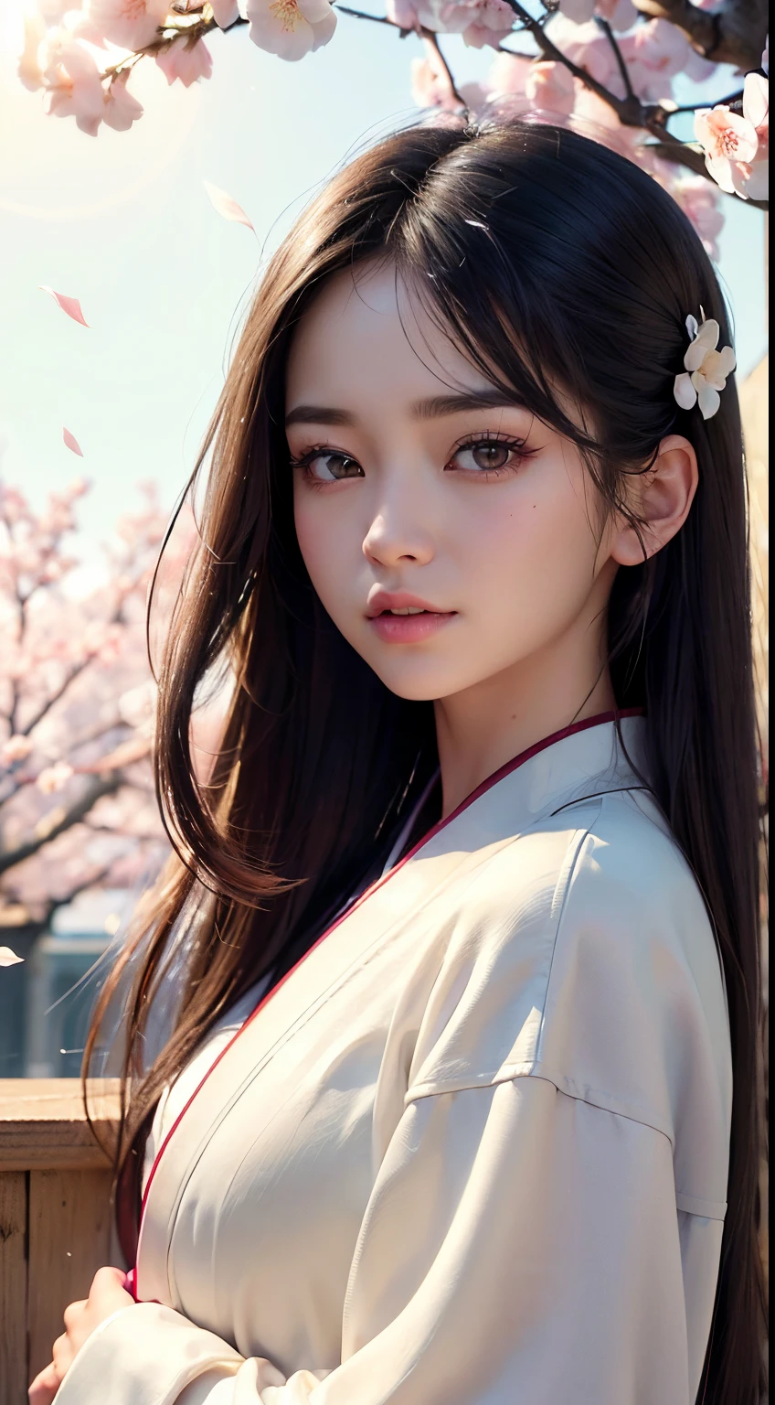 (A logo、masterpiece、8K、masutepiece、Raw photo、Fantastic、Best Quality、Photorealistic、extremely detailed CG unified 8k wallpaper、hightquality、ighly detailed、epic poem、Particle effect、Dynamic effects、depth of fields、Cinematic Light、Lens Flare、Ray tracing)、Fantasia、 (1 beautiful woman in a white coat、robe blanche、Japanese dress、A dark-haired、Beautiful face、Real Face、Beautiful detail eyes、Beautiful skin)、Hair flutters in the wind、Hair jumps、Pink cherry blossom tree、Petals flutter、Sakura blizzard、Superb view、morning glow、Sun in the background、the wind、Deities、tusk、myth、Vast Land、