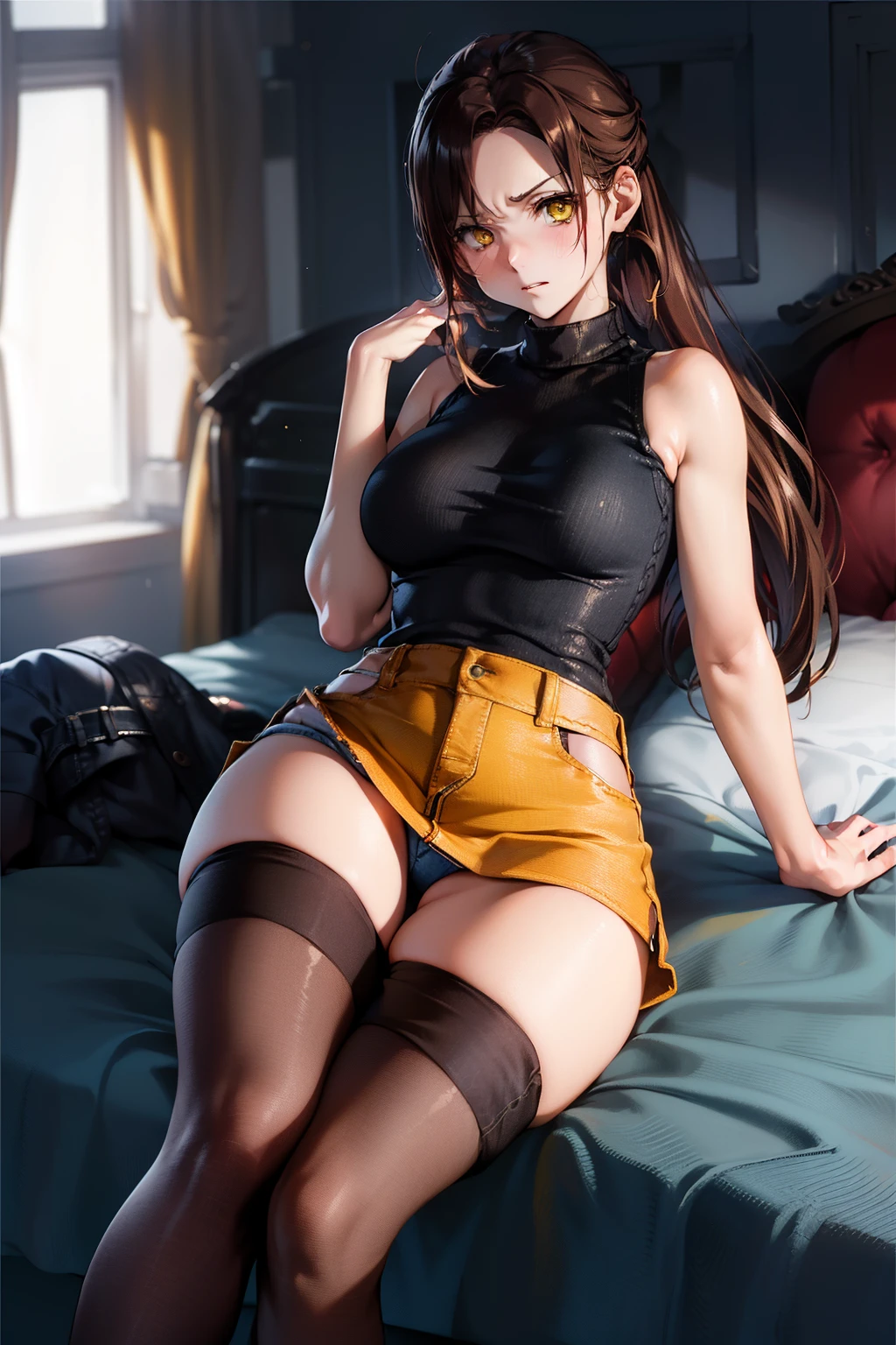 masutepiece, Best Quality, 1girl in, (Claire Redfield), Brown hair, (Yellow eyes:1.2),(Sleeveless knitwear)、((Denim miniskirt))、((Black thigh socks))、((Bedroom))、length hair、poneyTail、((embarassed expression))、((white panty))、(Photo from below)