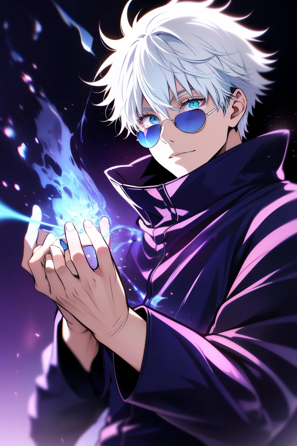 ((High detail、Cinematic lighting))、Messy white hair、Aquamarine eyes、White lashes、god rays、Ray tracing、drop shadow、optical illusion、Haut du corps、Looking at the camera、Masterpiece、((Super Detail、Best Quality、8K))、Jujutsu Kaisen、Gojo Gojo、Black attire、Surgical unfolding、Perfect jet black background、serene look、powerful being、Mystical atmosphere、(Strange moonlight、ominous shadows、 Intense blue aura、 Intense red aura、Symbol of the power that surrounds him、Radiating magical energy、Mystical artifacts、Ether particles、dinamic pose、Epic soundtrack、A sense of awe、(((Detailed hand)))、sunglass