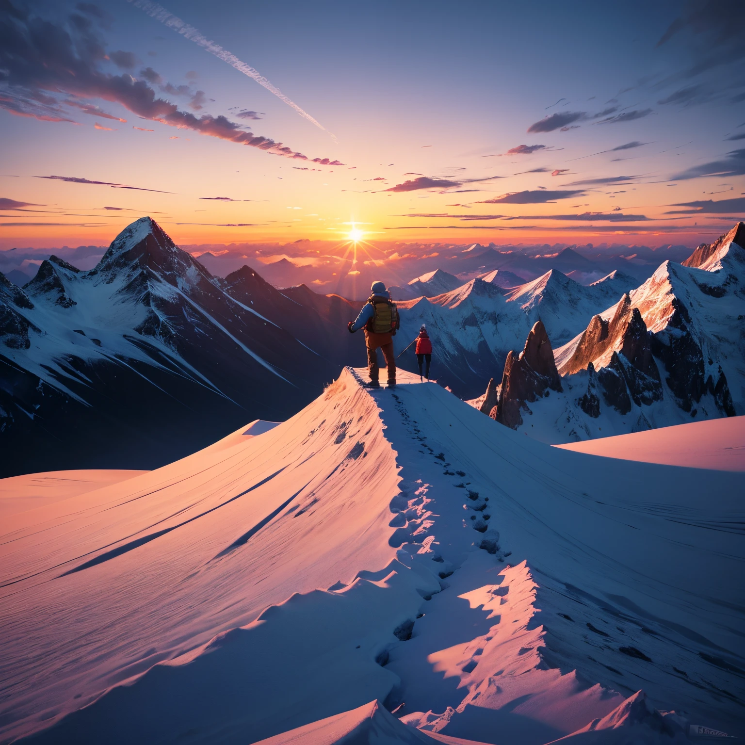 An emotional journey of self-discovery on a mountain peak, a hiker reaching the summit, arms outstretched, panoramic views of valleys below, clouds surrounding, conveying a sense of achievement and inner exploration, Artwork, digital painting with vibrant sunrise colors, --ar 16:9 --v 5