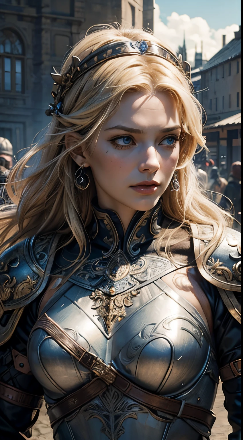 1 woman, mature woman, solo focus, 25 years old, beautiful Swedish woman, brutish, toned body, blond viking hair, intricate headpiece, viking leather armor, toned abs, medium breasts, bluish eyes, battle axe, war cry, masterpiece, ultra HD, insane details, realistic, detailed face, war face paint, detailed skin texture, blurred background, battle field,