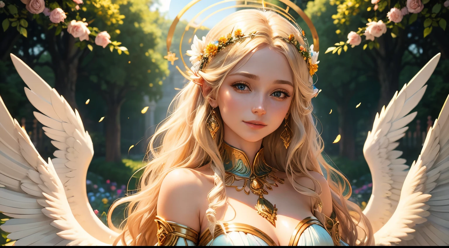 best quality,ultra-detailed,realistic portrait of Freya, the goddess of love and beauty,with flowing golden hair, piercing blue eyes, and a radiant smile,masterpiece:1.2,vivid colors,bokeh,studio lighting,sharp focus,Freya wearing a flowing white gown adorned with intricate golden embroidery and shimmering gemstones,Freya standing in a lush, enchanted garden filled with vibrant flowers and blooming trees,a gentle breeze softly rustling her gown and hair,Freya holding a bouquet of roses in her hand, symbolizing her association with love and passion,her graceful figure surrounded by a halo of golden light,as if she is glowing with divine energy,Freya surrounded by playful doves, symbolizing her gentle nature and connection to peace and harmony,Garden filled with statues of cherubs and angels, representing Freya's divine presence and the purity of her love,a golden sunset casting a warm, ethereal glow over the entire scene,creating a sense of enchantment and magic in the air