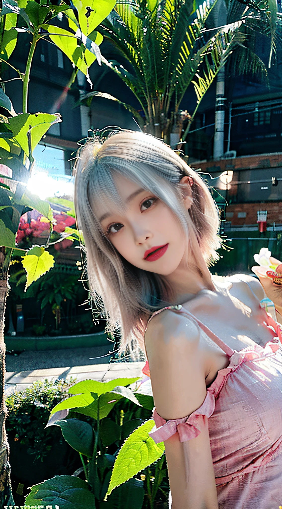 1 busty girl，vibrant with colors,Mint green hair,Beautiful and delicate pink eyes,long eyelasher,pale-skinned,Soft and delicate facial features,Ethereal atmosphere,dreamy background,Lush green garden,flowers blooming,Colorful butterflies dancing in the air,Light mint aroma,Breeze whispered,peace、calm atmosphere,Calm expression on face，Full body photo, (real photograph: 1.4), (hyper realisitc: 1.4), (realist: 1.3), (Smoother lighting: 1.05), (Improve movie lighting quality: 0.9), 32K,1 20-year-old girl, Luzes Realistas, The light from the rear window is backlit, There is light on the face, Ray traching, (flash lights: 1.2), (enchanced quality: 1.4), (The best quality real textured skin: 1.4), 詳細な目, A detailed face, hight quality eyes, (Tired, Sleepy but informative.: 0.0), closeup of face, tee shirt, (Increased Body Line Mood:1.1), (Increase the beauty of skin texture:1.1)