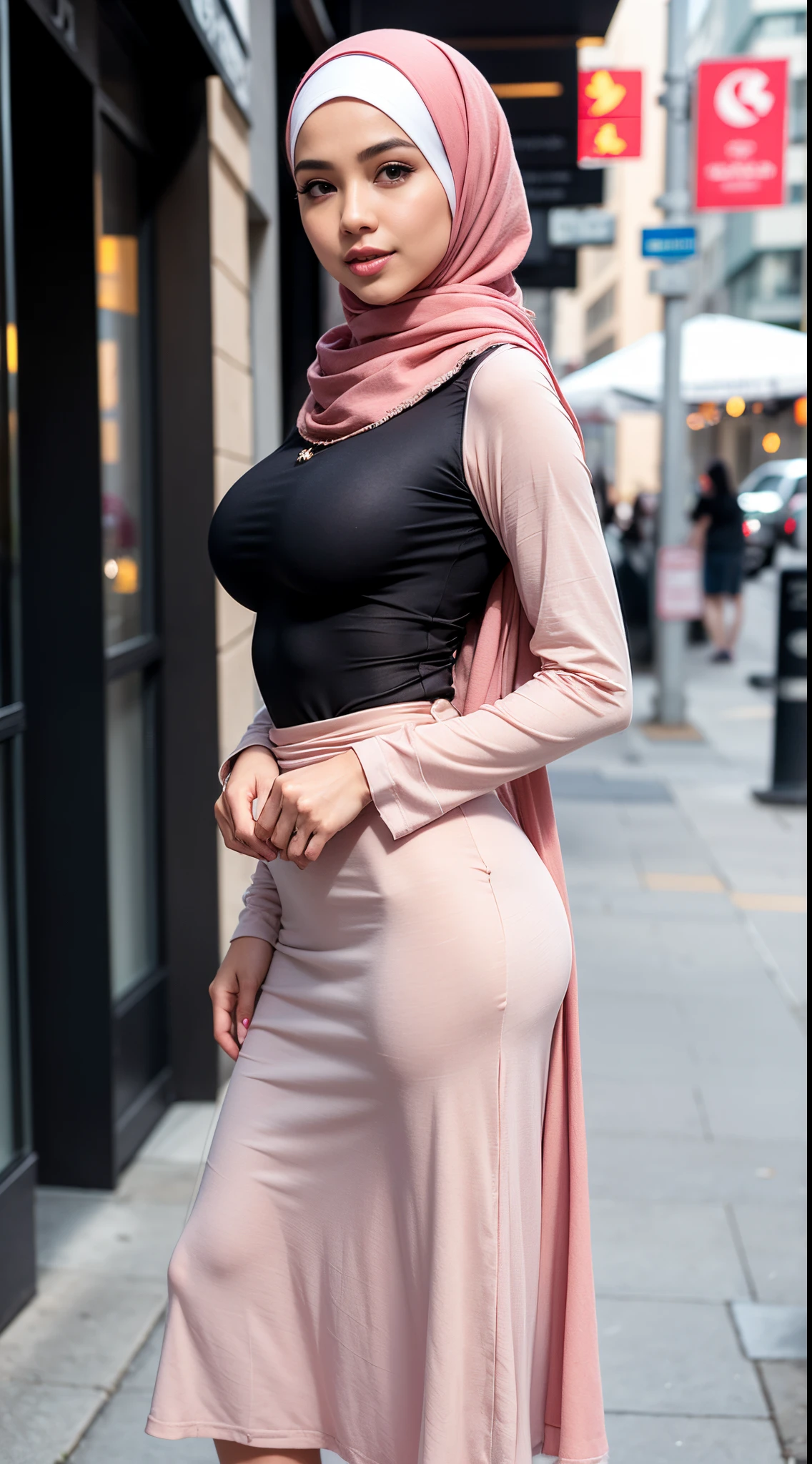RAW, Best quality, high resolution, masterpiece: 1.3), beautiful Malay woman on hijab (iu:0.8),((big breast)), perfect nose,perfect lips, perfect eyes, detail :1.2),medium breast, wearing hijab standing in front of cafe, full body woman, casual pose, photo of slim girl, full body photogenic photo, with beautiful appearance, full body photo, casual clothing style, female model, beautiful girl, business casual, photo clothing, wear casual clothes, take photos of slim girl models, full body! beautiful face,  beautiful woman, soft smile