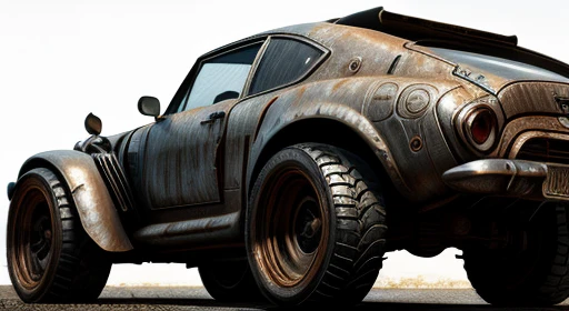 Mad Max style, Old custom-built car, big wheels, spare parts, hyper detailed, 8K