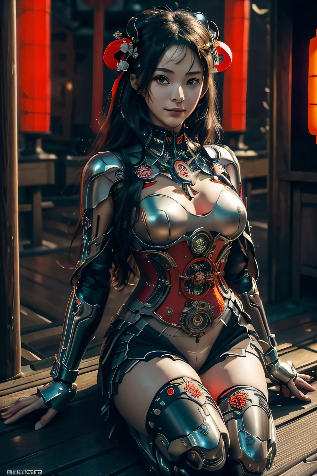 Japanese mechanical geisha, beautiful image, (highly detailed face 1.6), (detailed legs 1.2), (detailed feet 1.2), hourglass body, ultra detailed, beautiful girl, Lovely very large breasts and very large hips, dynamic hair, long straight hair, white long socks, pale skin, hair ornament, open traditional geisha outfit, lingerie, dark anime, rain, neon, darkness, highly detailed, maximalist, science fiction, dystopia, cinematic, official art, masterpiece, sharp focus, building, (traditional japanese cityscape:1.7), epic scenery,