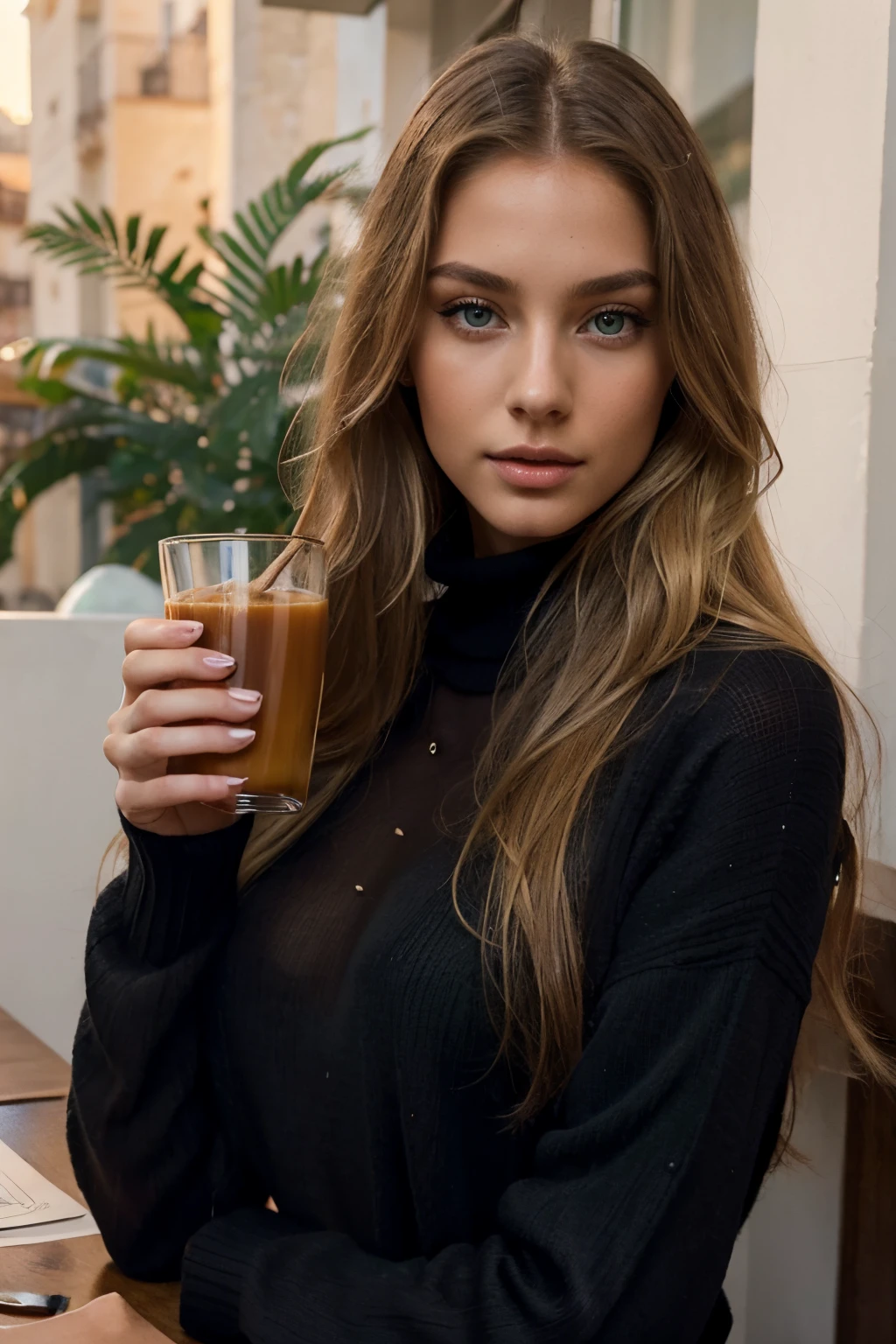 magnificent young woman, 21, model, blond with green eyes, but exotic face with roots from spain, this woman has long and beautiful hair, luscious lips, thin body. she is in her blacony wearing black sweater, holding a glass of coffee.