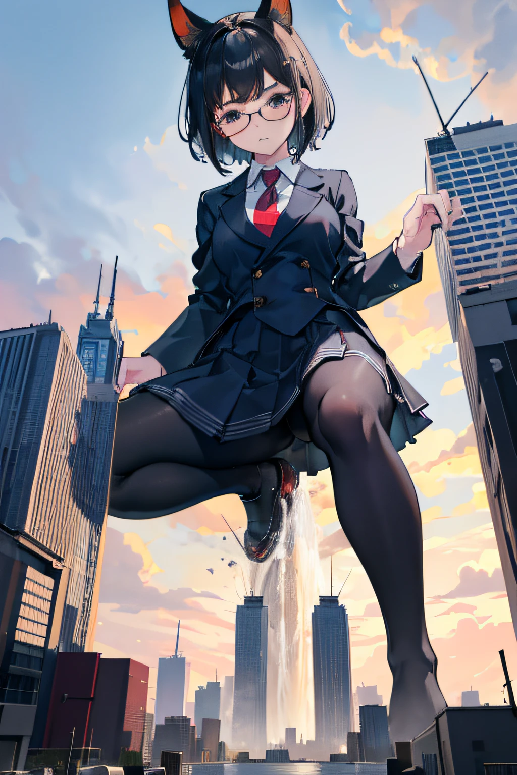 giantess art, a hyperrealistic schoolgirl, , highly detailed giantess shot, der riese, Shorthair, Black pantyhose, Giant high school girl much bigger than a skyscraper。Wearing rimless glasses。Colossal tits。Navy blue blazer、Red tie、Mini Length Skirt、Black pantyhose、I'm not wearing shoes.。very small metropolis。miniature metropolis。In a miniature metropolis just a few feet tall.、squatting and urinating。The city is drowning in urine。Full body depiction。gigagts, der riese, Black pantyhose, Pantyhose legs, Pantyhose feet, ,crash city,Small town,micro city, Peeing,