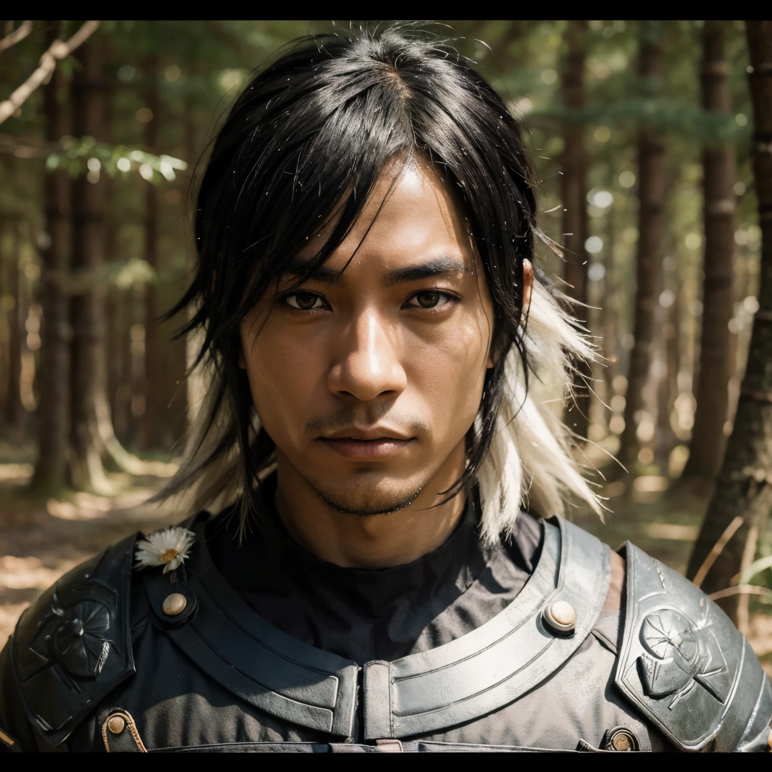 Anime japones, in black man dark side with a dark Japanese anime style look and the other brightened with a morning light, fundo com uma floresta de bambu, vestido com uma armadura de samurai, full color manga style image