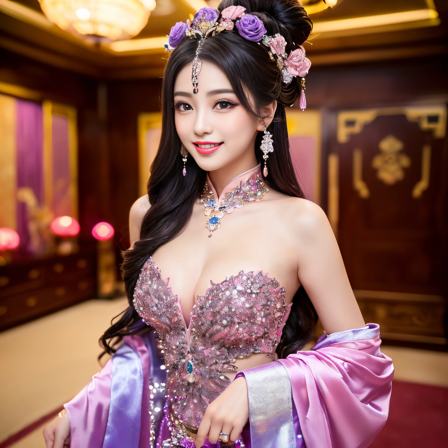 ((top-quality、masutepiece、8K、Top image quality、Highly complex and detailed depictions))、(The most gorgeous Japanese prostitute goddess:1.1)、((The most gorgeous prostitute goddess huge costume、the most vivid and luxurious costumes、big long costume、The unimaginably luxurious goddess room、Glittering purple and pink room、The most luxurious purple and pink Chinese style room、purple and pink gems、A glittering room decorated with lots of jewels、mid night、Very complex decoration、very clear goddess room))、(View me、Bewitching smile、Perfect makeup、long eyelashes、lipsticks、Pink eyeshadows、perfect anatomia、Biggest smile)