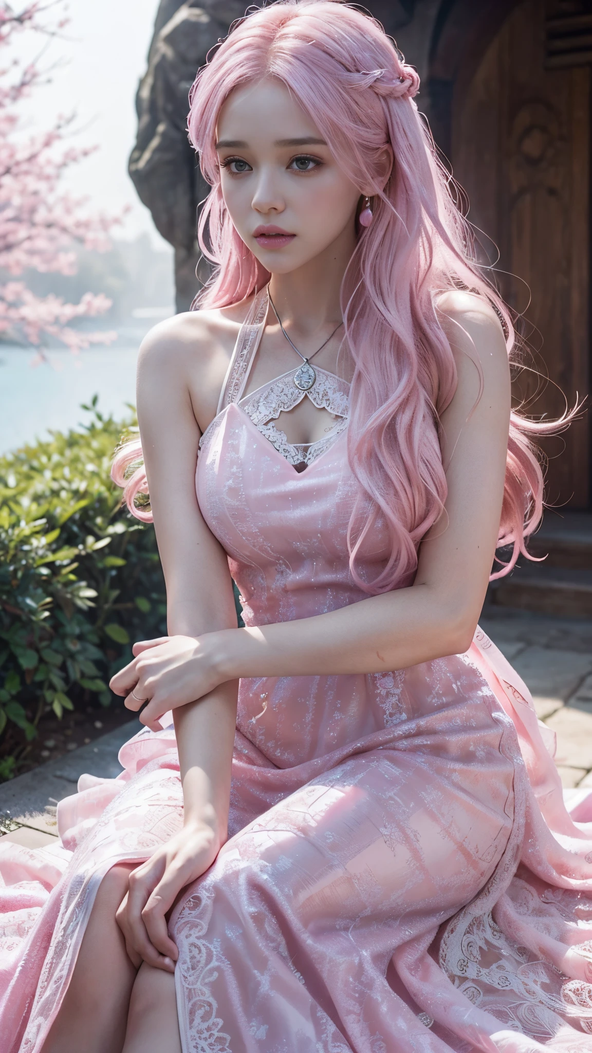 HDR 10, beautiful girl, detailed eyes, detailed lips, very long hair, pink hair, ultra detailed texture, water drops, outdoors, game of thrones, pink heavy dress, (high detailed pink dress:1.5), lace, loops, soft lighting, attractive poses,