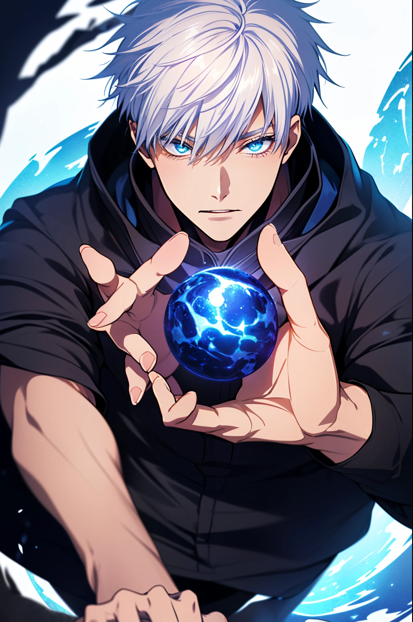 ((High detail、Cinematic lighting))、Messy white hair、Aquamarine eyes、White lashes、god rays、Ray tracing、drop shadow、optical illusion、Haut du corps、Looking at the camera、Masterpiece、((Super Detail、Best Quality、8K))、Jujutsu Kaisen、Gojo Gojo、Black attire、Surgical unfolding、Perfect jet black background、serene look、powerful being、Mystical atmosphere、(Strange moonlight、ominous shadows、 Intense blue aura、 Intense red aura、Symbol of the power that surrounds him、Radiating magical energy、Mystical artifacts、Ether particles、dinamic pose、Epic soundtrack、(((Detailed hand)))、sunglass