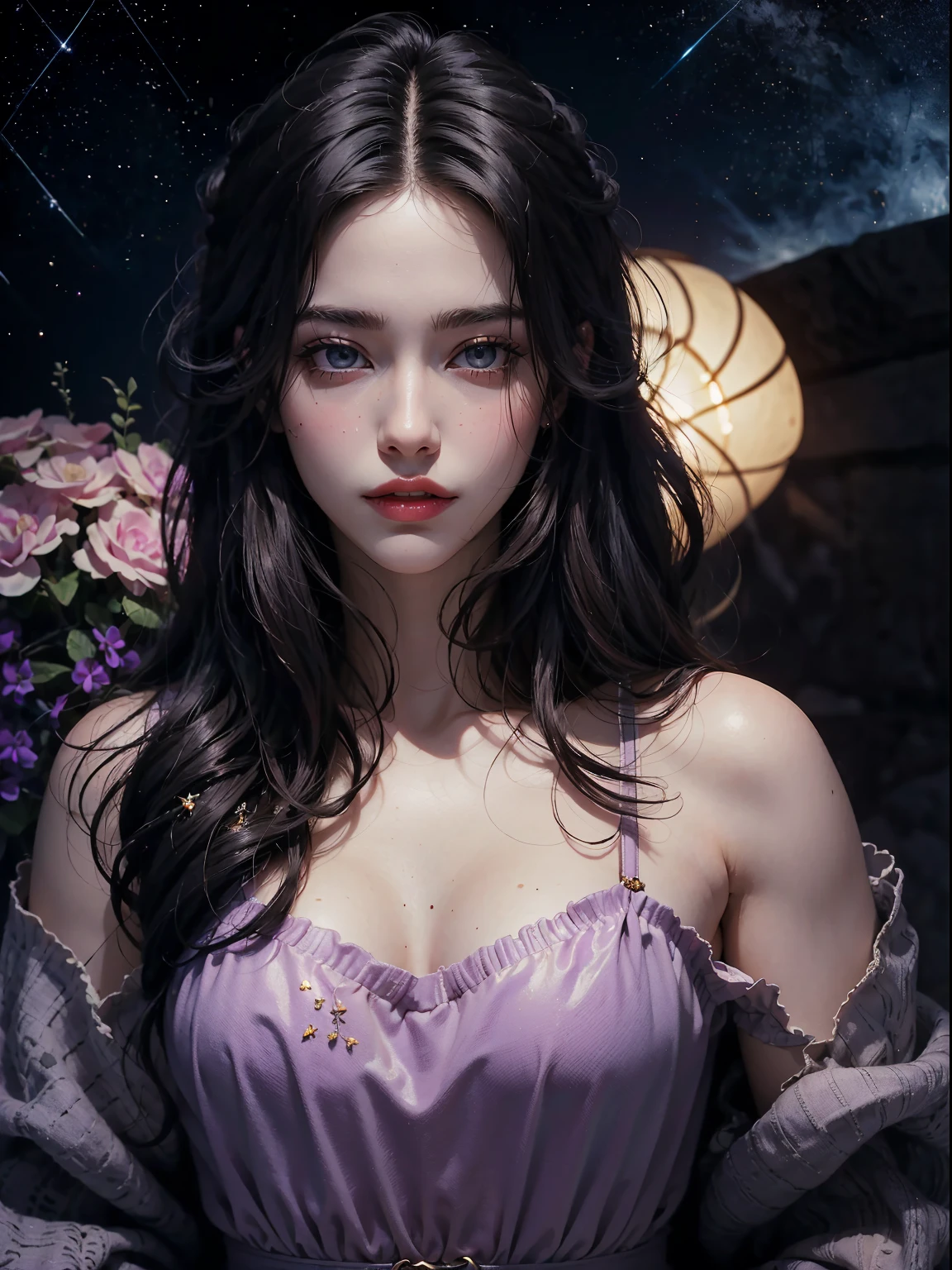 (((obra-prima))), melhor qualidade, ultra-detallhado, High resolution CG image with a beautiful woman with long black hair with bright violet eyes like detailed constellations, retratados em detalhes fascinantes. rosto delicado, lips closed, boca fechada (Dutch angle), rosto avermelhado, His delicate body is accurately represented at every angle. Ela possui longos cabelos preto que caem suavemente sobre seu vestido. The upper part of his body is sculpted to perfection. "