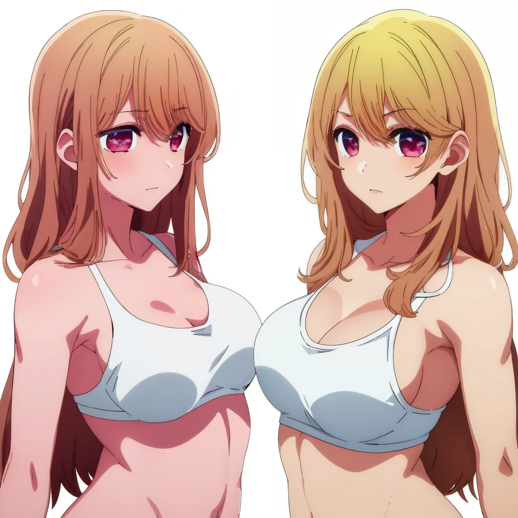 2girls, duo, twins, standing shoulder-to-shoulder, pink bikinis, matching bikinis, identical bikinis, age woman, brown hair, blonde hair, long curly hair, hair down, hazel eyes, white background, best quality, highly detailed