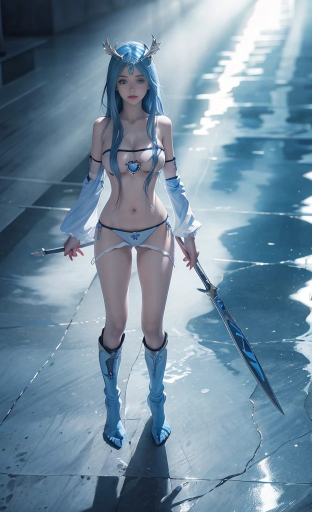 Blue hair,Nice face,blue bikini armor,Heterochromatic pupil,ssmile,rays of sunshine,fully body photo,the soft light