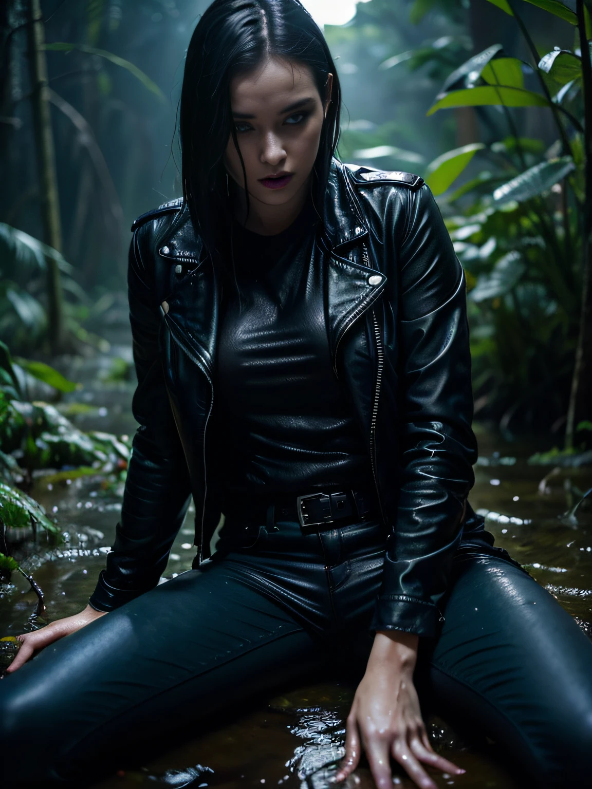 wet heavy leather jacket,Wet flared jeans,Humiliating pleasure,Forest swamp,drowning in a swamp,Lustful,desire,Seductive expression,Mysterious atmosphere,Vivid colors,hight resolution,moody lighting,vicious sexuality,Dmnaya atmosphere,Emotional Intensity,impassioned,Vulnerability