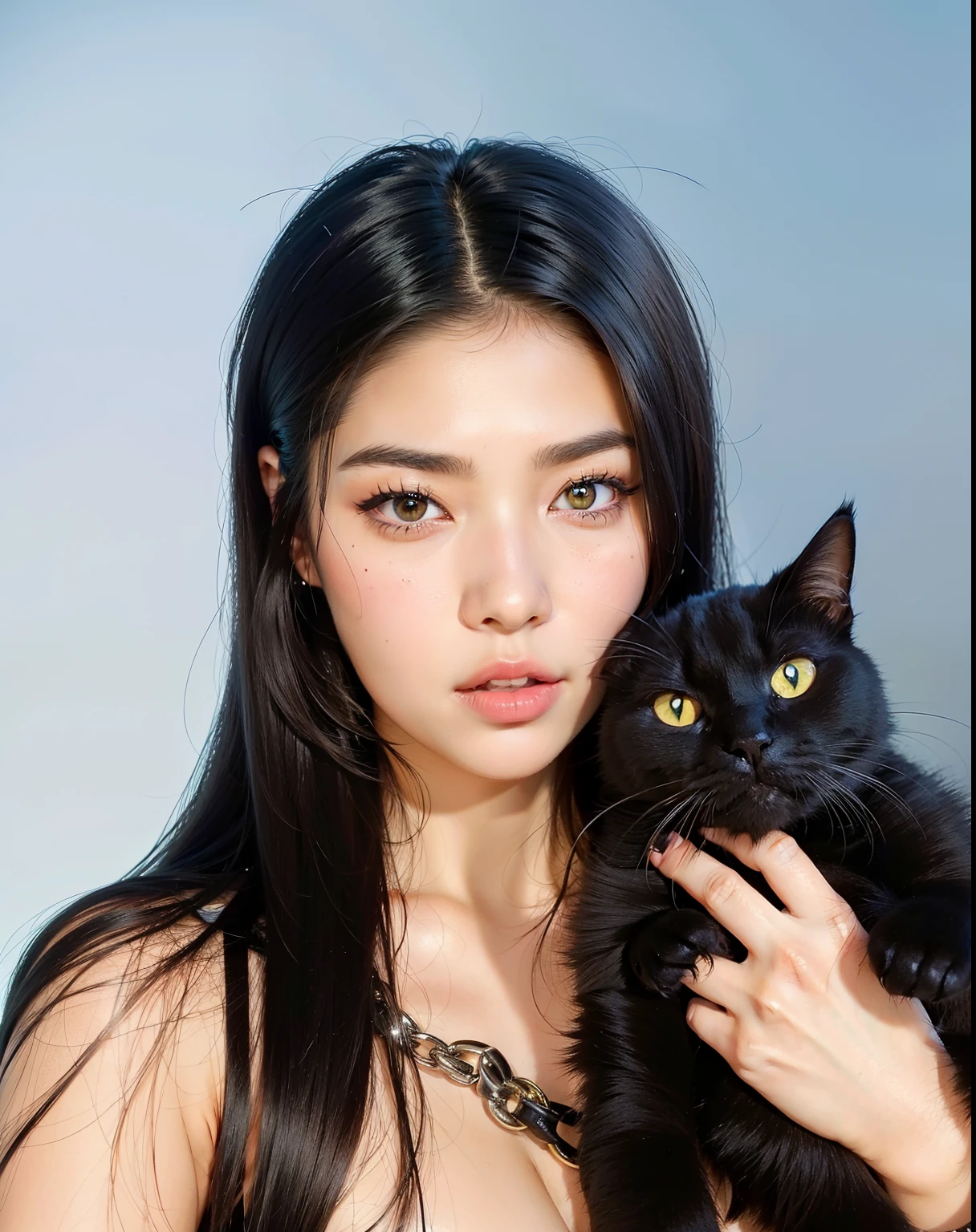 araffe woman with long black hair holding a black cat, beautiful young catgirl, attractive cat girl, very beautiful cute catgirl, woman / cat hybrid, soft devil queen madison beer, asian features, asian girl, catgirl, xision wu, with cats on her side, woman and cat, cat girl, cat - like scarlet eyes