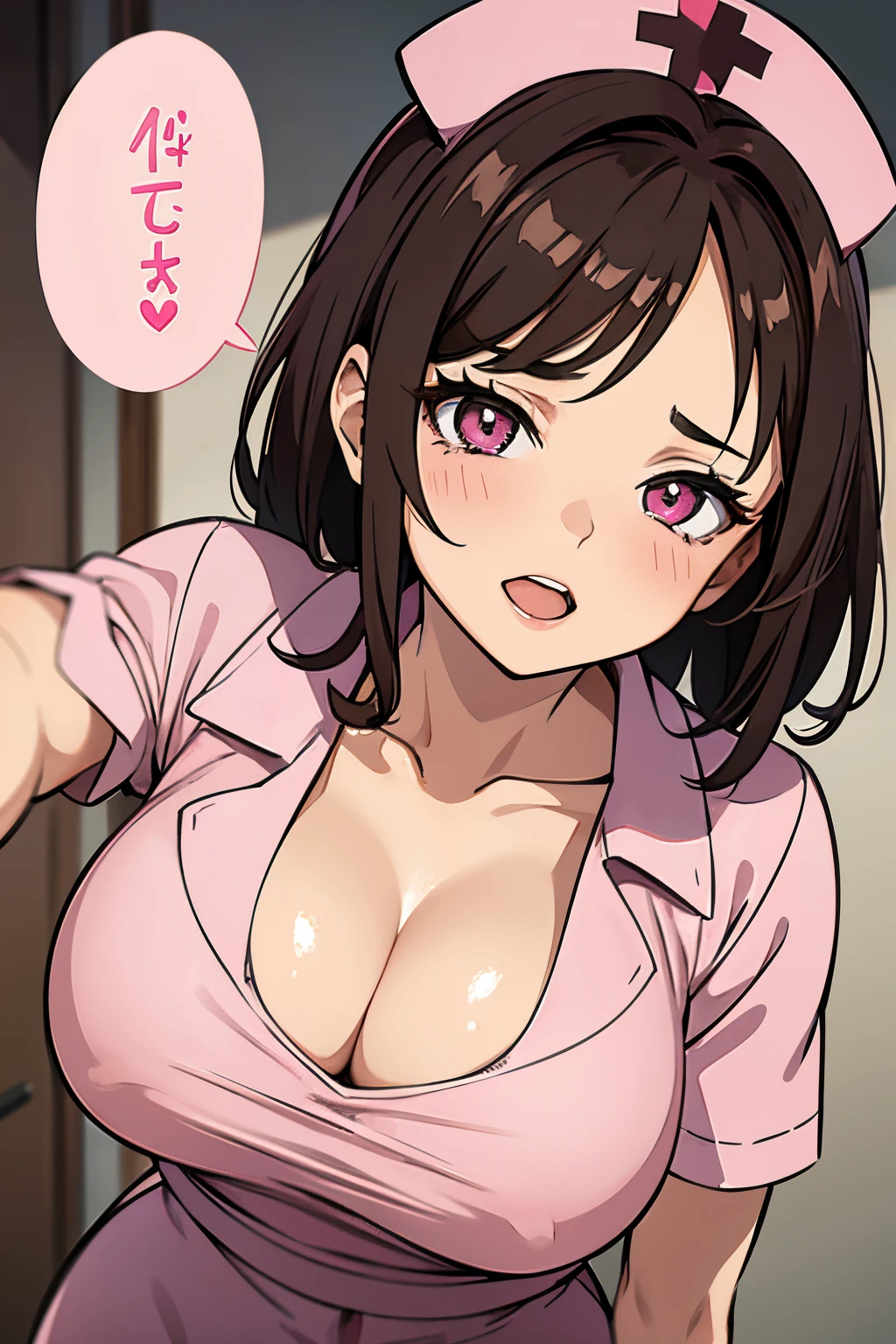 Nurse, MILF, Pink Uniform, tight, brown hair, brunette, Ahegao, cleavage.