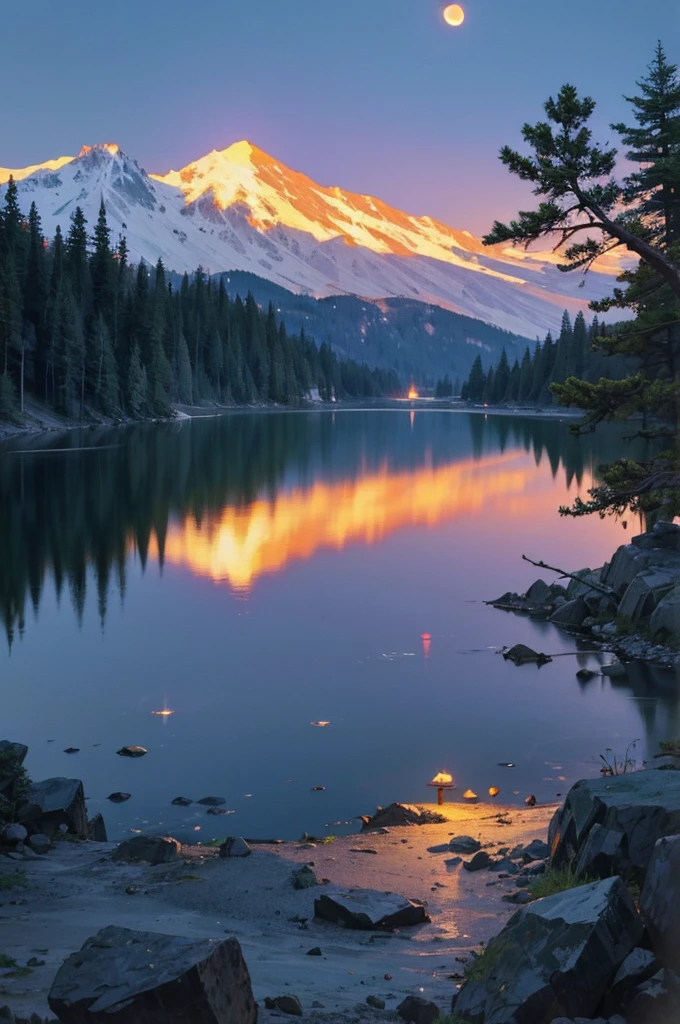 Create a beautiful mountain view. There is a dense forest on the right. There is a lake on the right. There is a camp and a campfire to light up the night. On the top right there is a lunar eclipse. there are fireflies that light up a little at night. make it in pixel style.