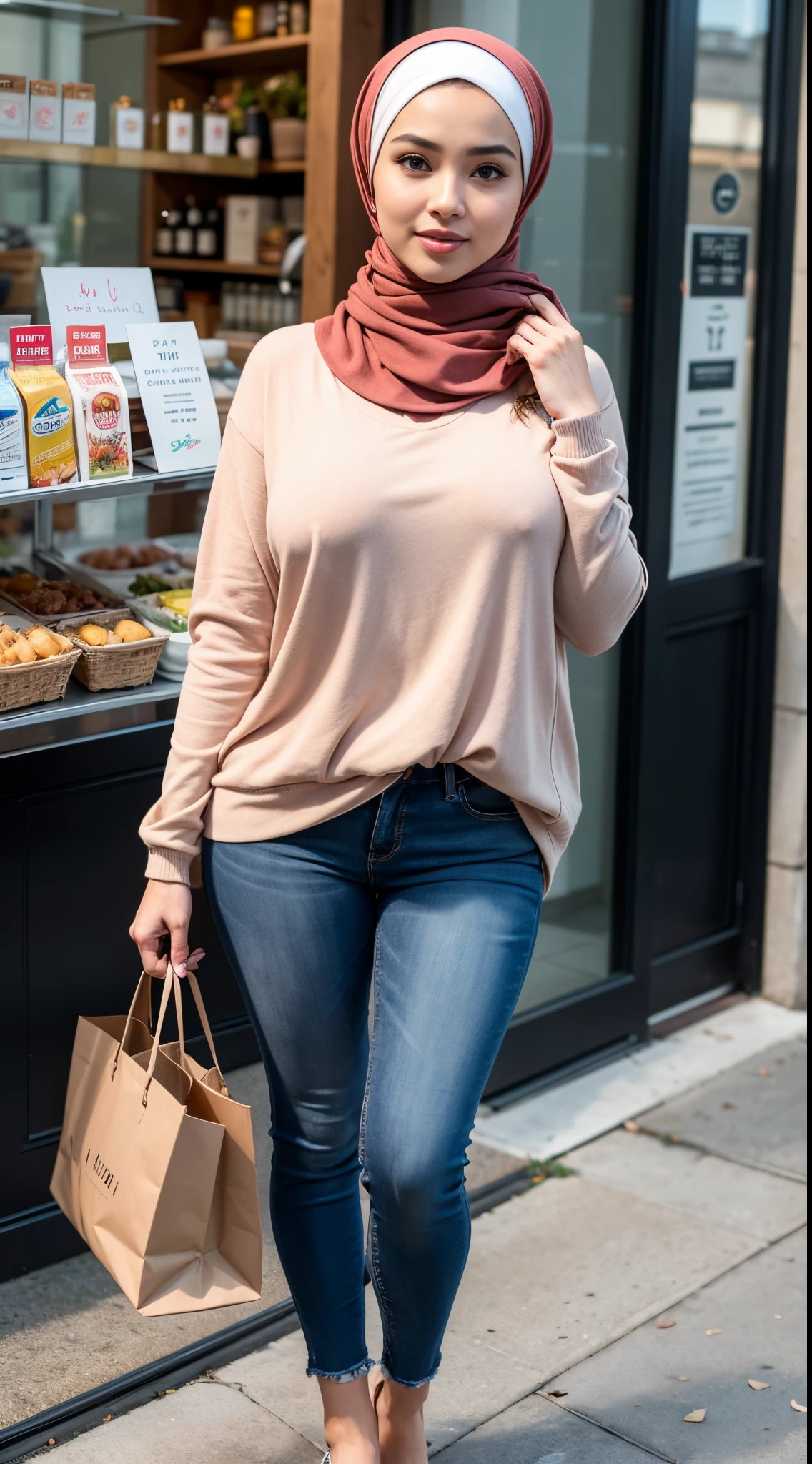 RAW, Best quality, high resolution, masterpiece: 1.3), beautiful Malay woman on hijab (iu:0.8),((big breast)), perfect nose,perfect lips, perfect eyes, detail :1.2),medium breast, wearing hijab standing in front of cafe, full body woman, casual pose, photo of slim girl, full body photogenic photo, with beautiful appearance, full body photo, casual clothing style, female model, beautiful girl, business casual, photo clothing, wear casual clothes, take photos of slim girl models, full body! beautiful face,  beautiful woman, soft smile