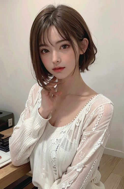 (A hyper-realistic), (illustratio), (hight resolution), (8K), (ighly detailed), (The best illustrations), (beatiful detailed eyes), (top-quality), (ultra-detailliert), (masterpiece), (wall-paper), (详细的脸), drooing eyes,full of sweat,Upper body close-up,Armpit,short-hair,inner colored,独奏,Bathing in a hot spring, japanes