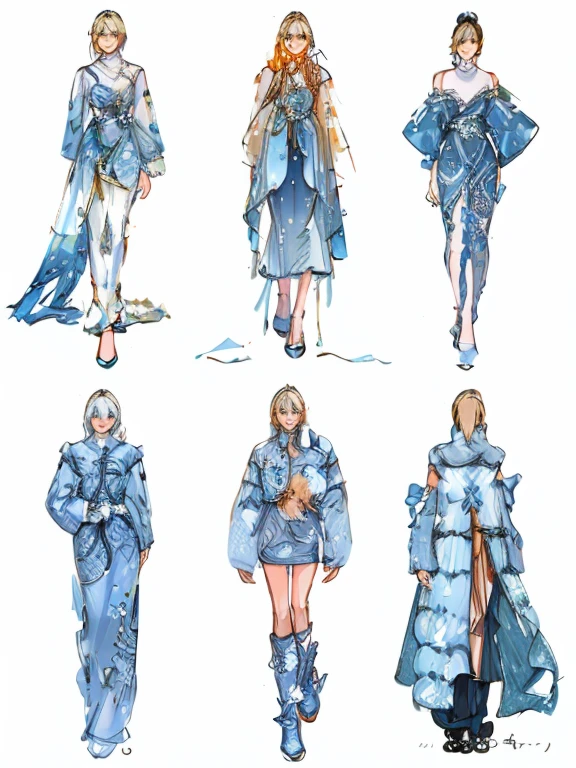 clothing design,Design a theme：Ice and snow，The series emphasizes the purity and unique charm of ice and snow,Sources of inspiration for clothing design：Snow and ice forest，ice flower snow shadow、They are all dreamy scenes in winter。The series will use this as inspiration to develop the design of a series of dresses.，Use ice crystals as elements，Use azure and white tones，Simulate the transparency and gloss of ice crystals。Combined with Chinese style craftsmanship and details，Showing light luxury and elegance。Using three-dimensional carvings and silk、Satin、Crystal embroidery and other craft blessings，Let every dress be like a carefully crafted work of art。