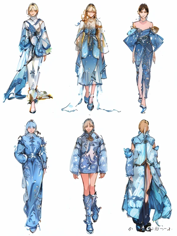 clothing design,Design a theme：Ice and snow，The series emphasizes the purity and unique charm of ice and snow,Sources of inspiration for clothing design：Snow and ice forest，ice flower snow shadow、They are all dreamy scenes in winter。The series will use this as inspiration to develop the design of a series of dresses.，Use ice crystals as elements，Use azure and white tones，Simulate the transparency and gloss of ice crystals。Combined with Chinese style craftsmanship and details，Showing light luxury and elegance。Using three-dimensional carvings and silk、Satin、Crystal embroidery and other craft blessings，Let every dress be like a carefully crafted work of art。