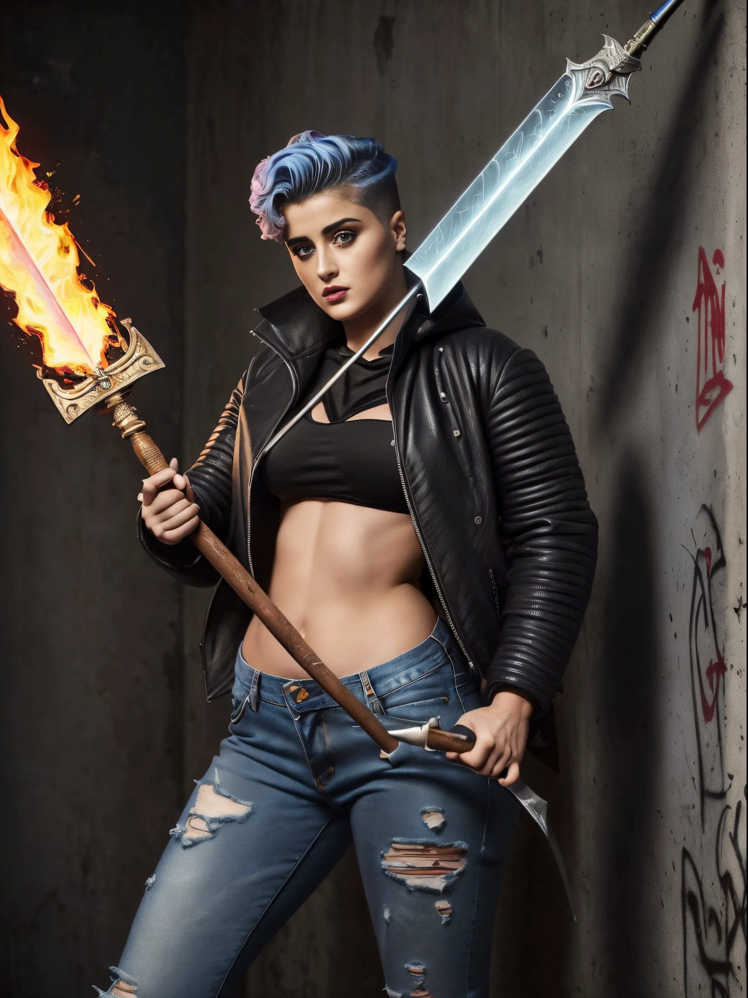 Very aesthetic inkpunk illustration, Stefania Ferrario, (((wielding a magic spear in his right hand))), sentada em uma cadeira simples, corpo inteiro, separated-lips, ,(((jaqueta de couro preta com rebites))) , ripped jeans, camiseta branca, , fundo da parede com graffiti, Arte por Mschiffer