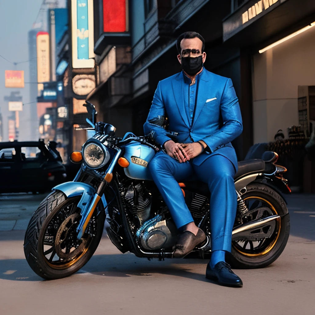 Disney.arafed man in a blue suit sitting on a motorcycle, a picture by Dan Content, instagram, realism, without helmet, dressed in a jodhpuri suit, mogul khan, ash thorp khyzyl saleem, stylish pose, photo taken in 2 0 2 0, sitting on cyberpunk motorbike, sitting on a motorcycle, very very low quality picture