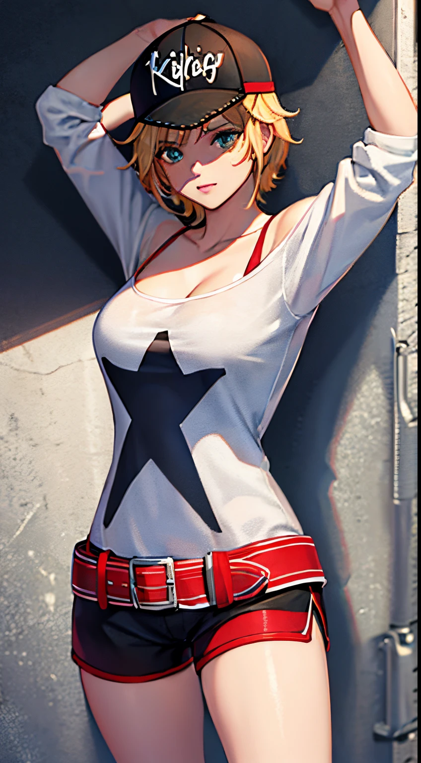 (master part, melhor qualidade, high resolution, Unity 8k papel de parede, CG extremamente detalhado:1), (illustration:1.0), 1girl, Alicems , kalap, baseball cap, fora do ombro, clivagem, belt, sbikini, shorts , camisa,