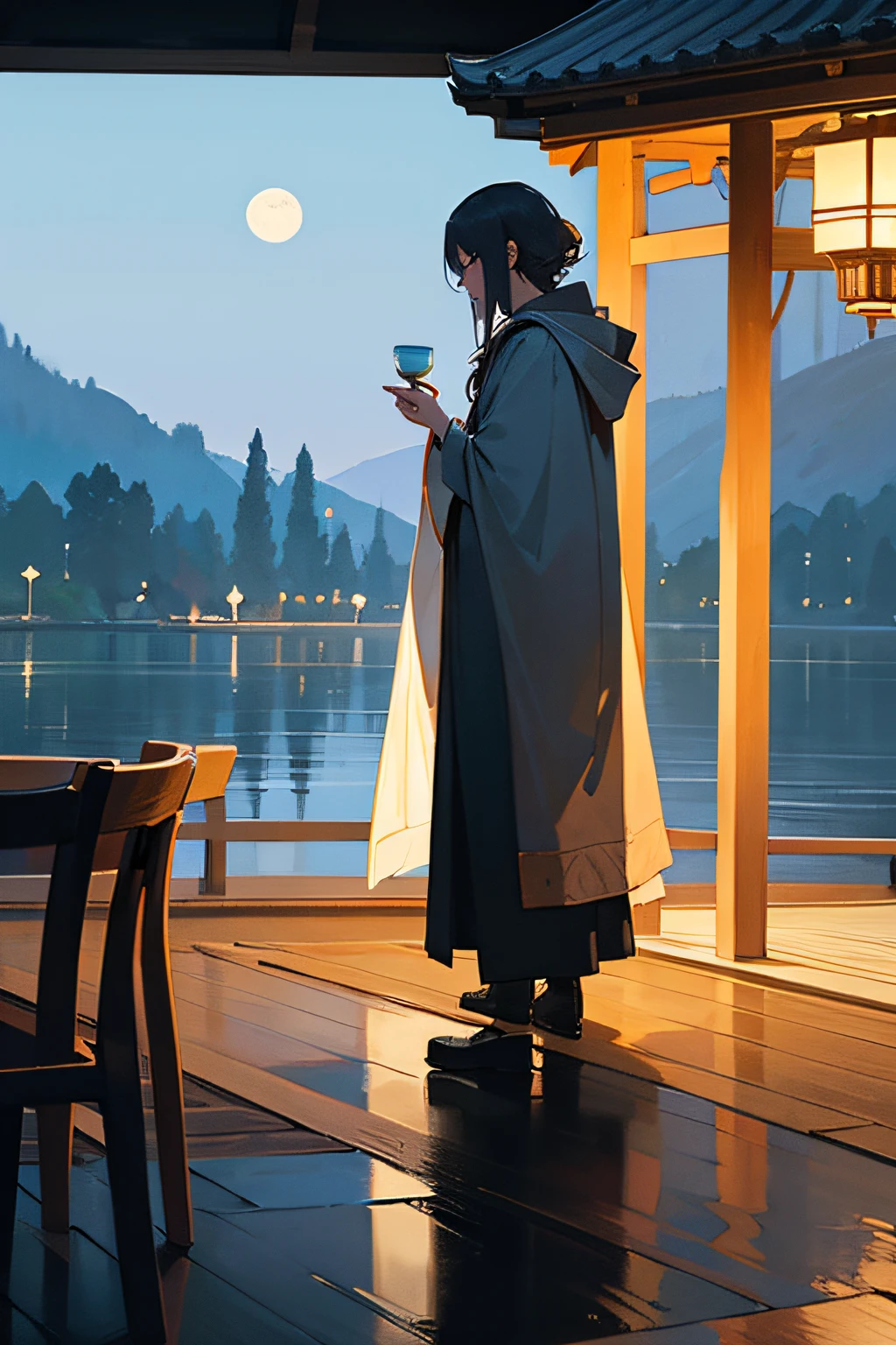 Ancient poet，With a cloak，Turn your back to the photo，Holding a small porcelain cup，The pavilion by the lake faces the moon at night